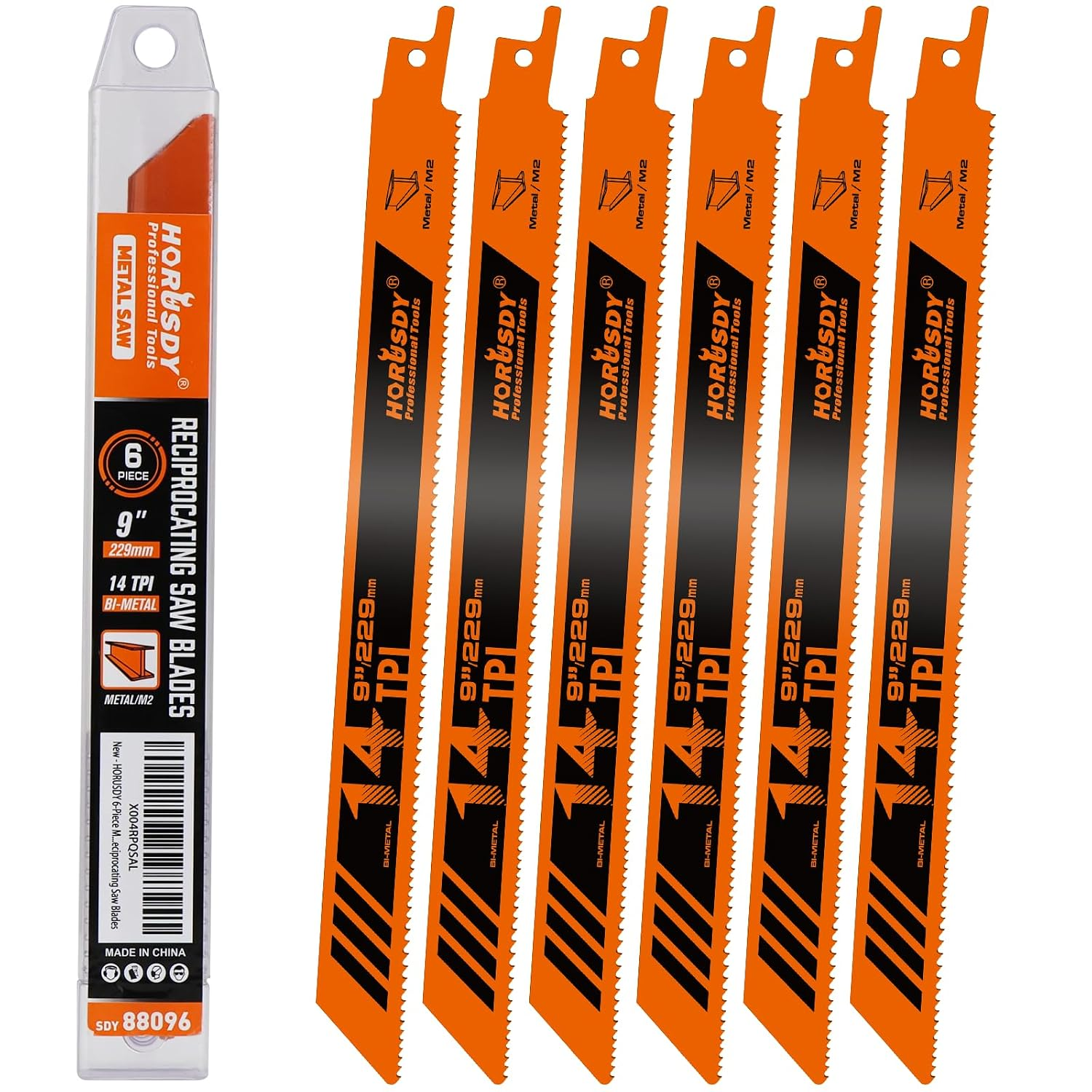 6PCS 9-Inch 14TPI Bi-Metal Reciprocating Saw Blades, Heavy-Duty Blades for Cutting Steel Pipe, Rebar and Sheet Metal, Universal Shank Fits Most Saws