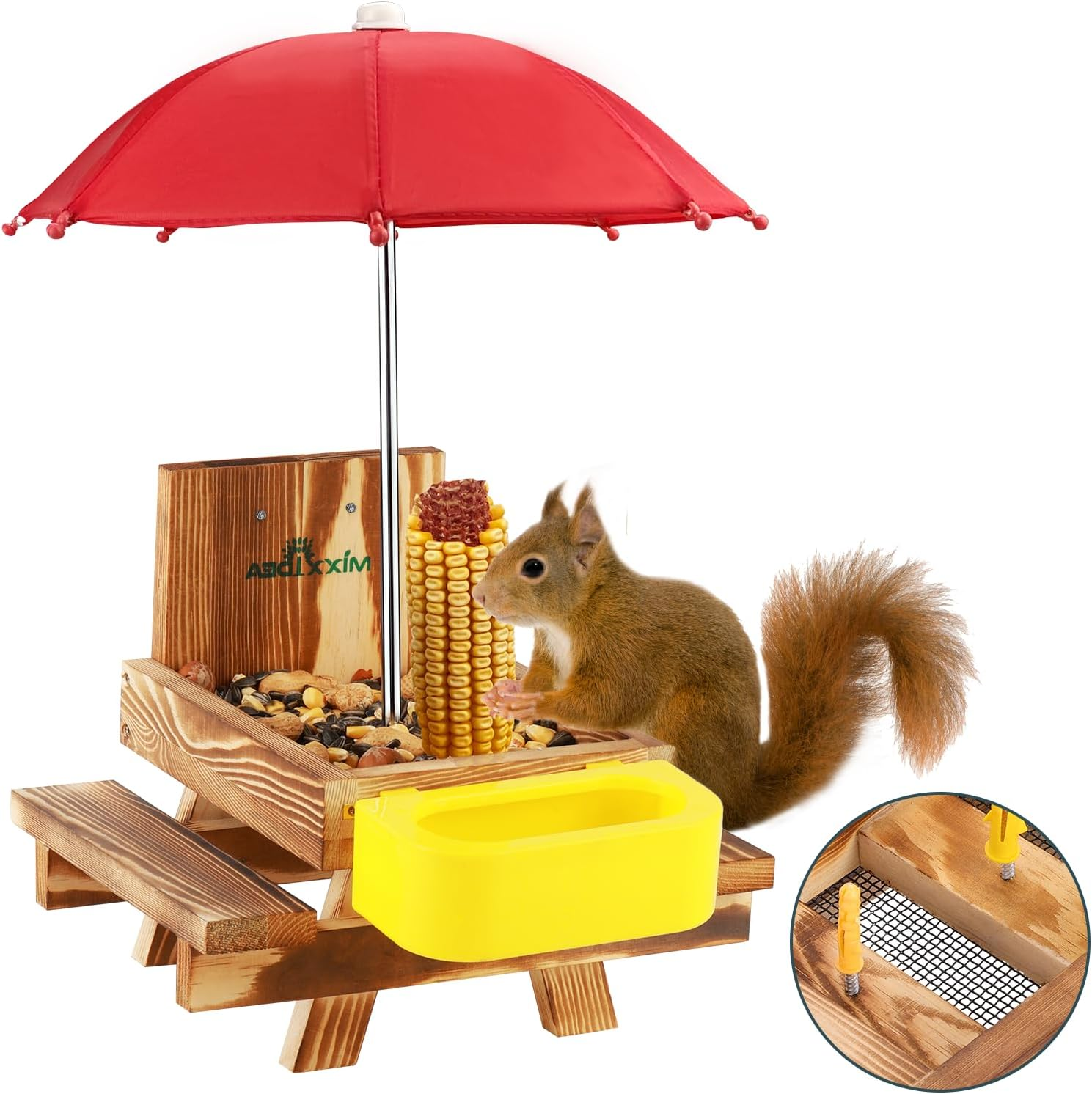 Wooden Squirrel Feeder Table with Water Bowl, Squirrel Picnic Table for Outsi...