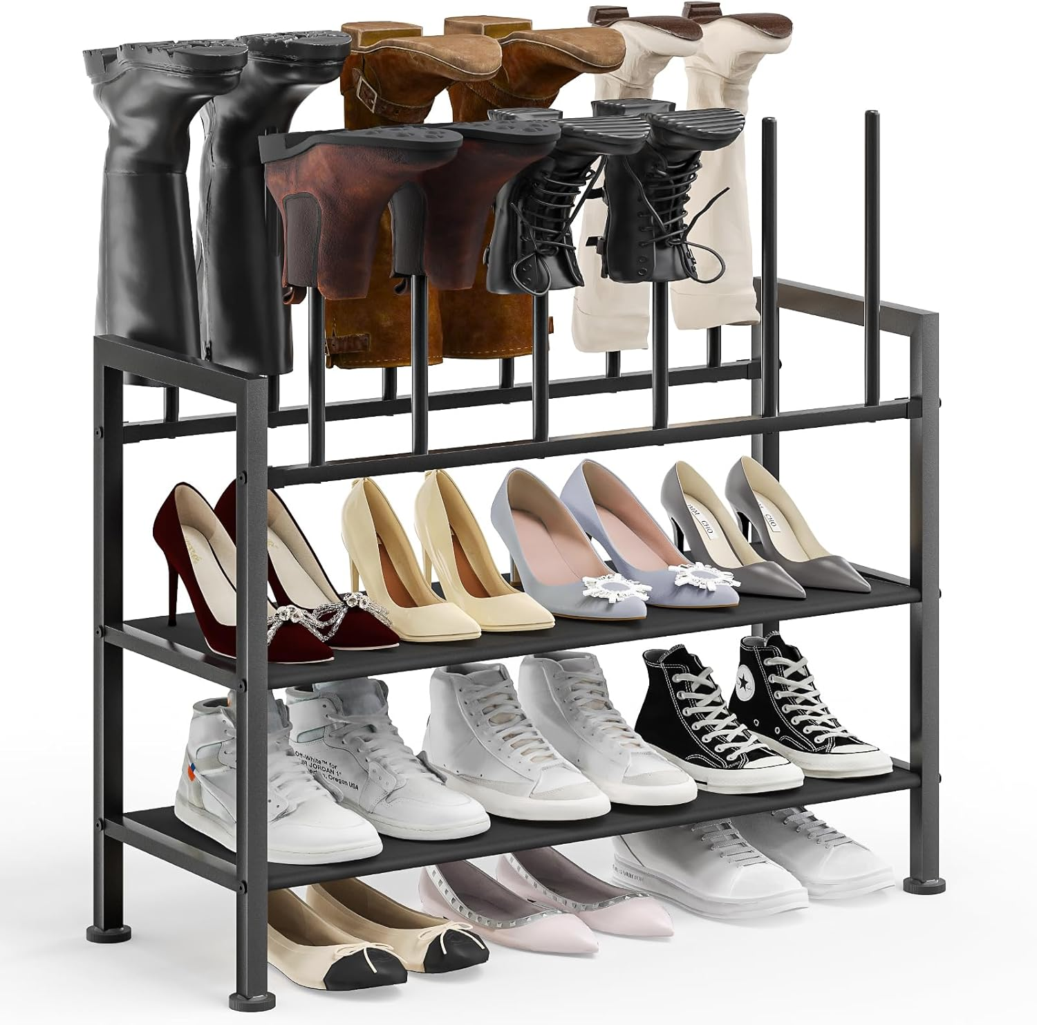 Free Standing Shoe Racks - 4-Tier Boot Rack, Black Metal Boot Storage Organizer Tall Boots, Tall Boot Organizer for Closet, Multiuse Shoe Rack for Boots, Sneakers,Fit for 6 Pairs Boots, Black