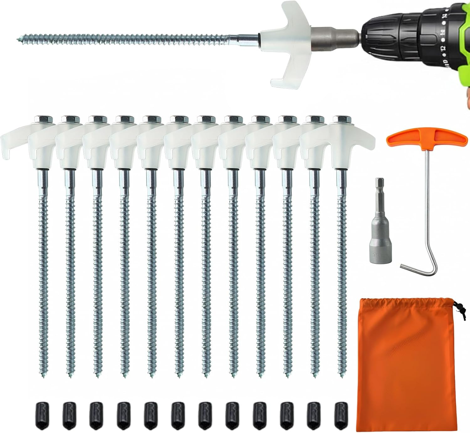 12-Pack Heavy Duty Screw-In Tent Stakes with Drill Adapter – 8 Inch Ground Anchors for Camping, Canopy, Gazebo, Awnings & Outdoor Accessories