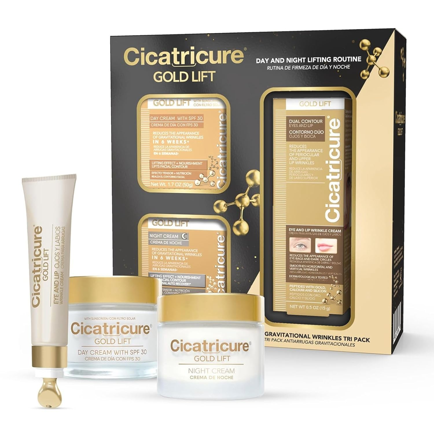 Gold Lift anti Gravitational Wrinkles Skin Care Gift Set with Day Anti-Wrinkle Cream + SPF 30 , Night Anti-Wrinkle Cream & Dual Contour Eye and Lip Wrinkle Cream, 3 Piece Set