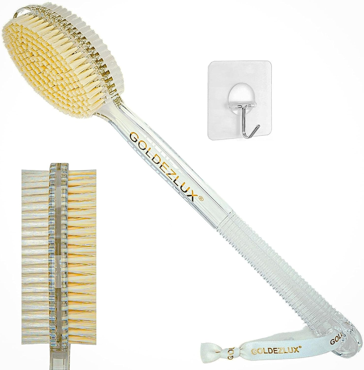 GOLDEZLUX® Body Brush Dual-Sided Shower Brush Back Scrubber, Premium Medium Soft and Stiff Bristles Wet or Dry Brushing, Perfect Durable Non-Slip Long Handle Bath Brush 17-Inch (Clear Dual) PROMOTION!