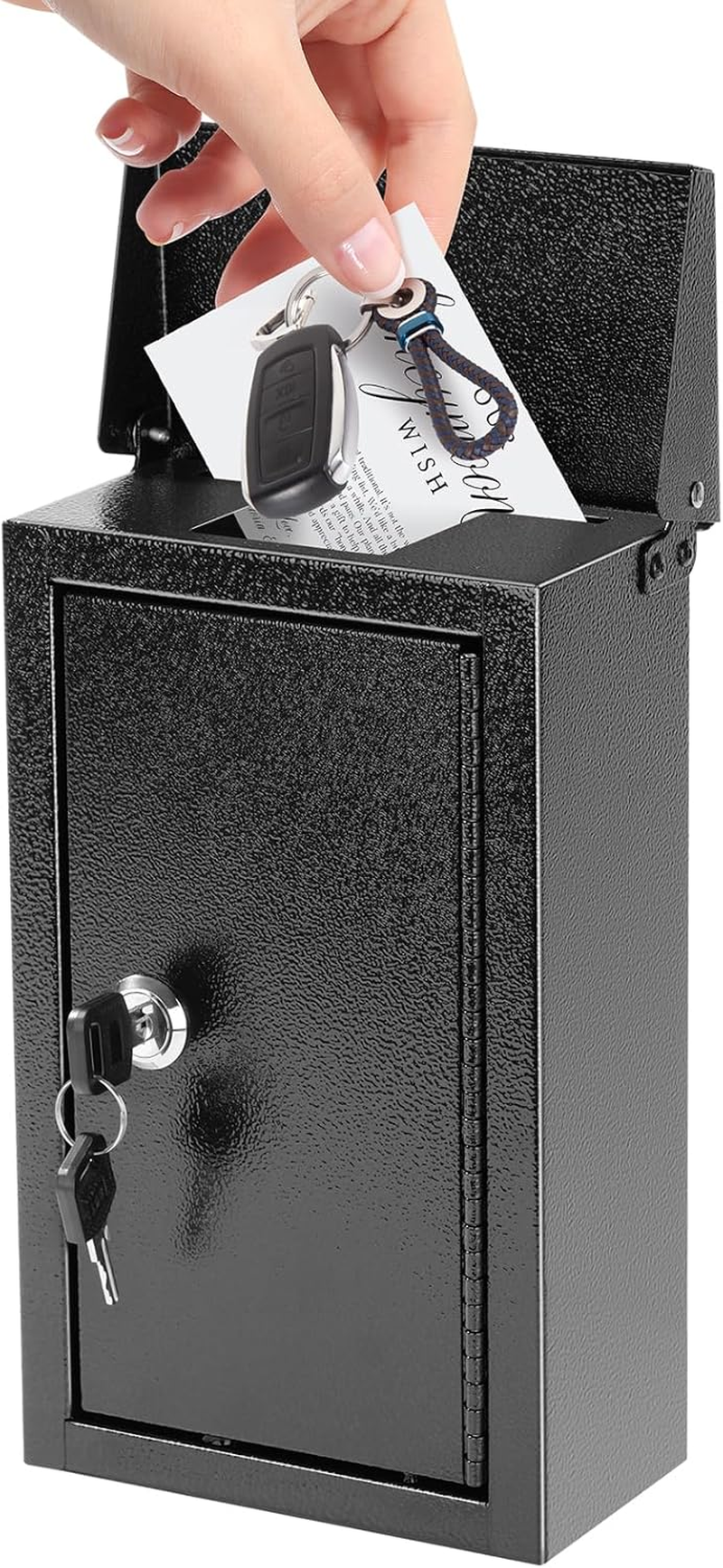 Wall-Mounted Key Drop Box with Key Lock, Metal Mailbox, Indoor& Outdoor Storage Box, Hanging Secured Postbox, for Home & Business Use, 5.5X 3.0X 9.8 Inch, Black
