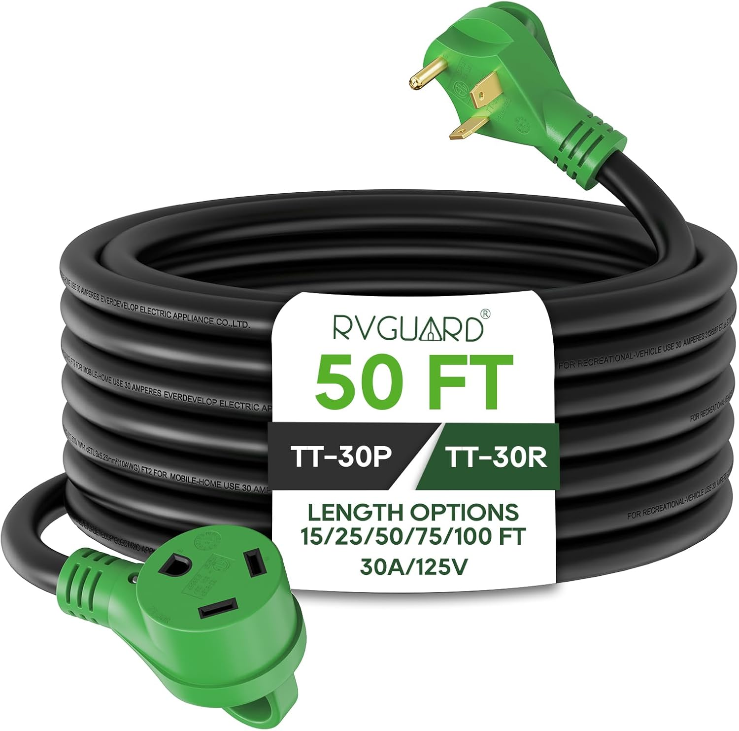 RVGUARD 30 Amp 50 Foot RV Extension Cord, Heavy Duty 10/3 Gauge STW Cord with LED Power Indicator and Cord Organizer, TT-30P/R Standard Plug, Green, ETL Listed