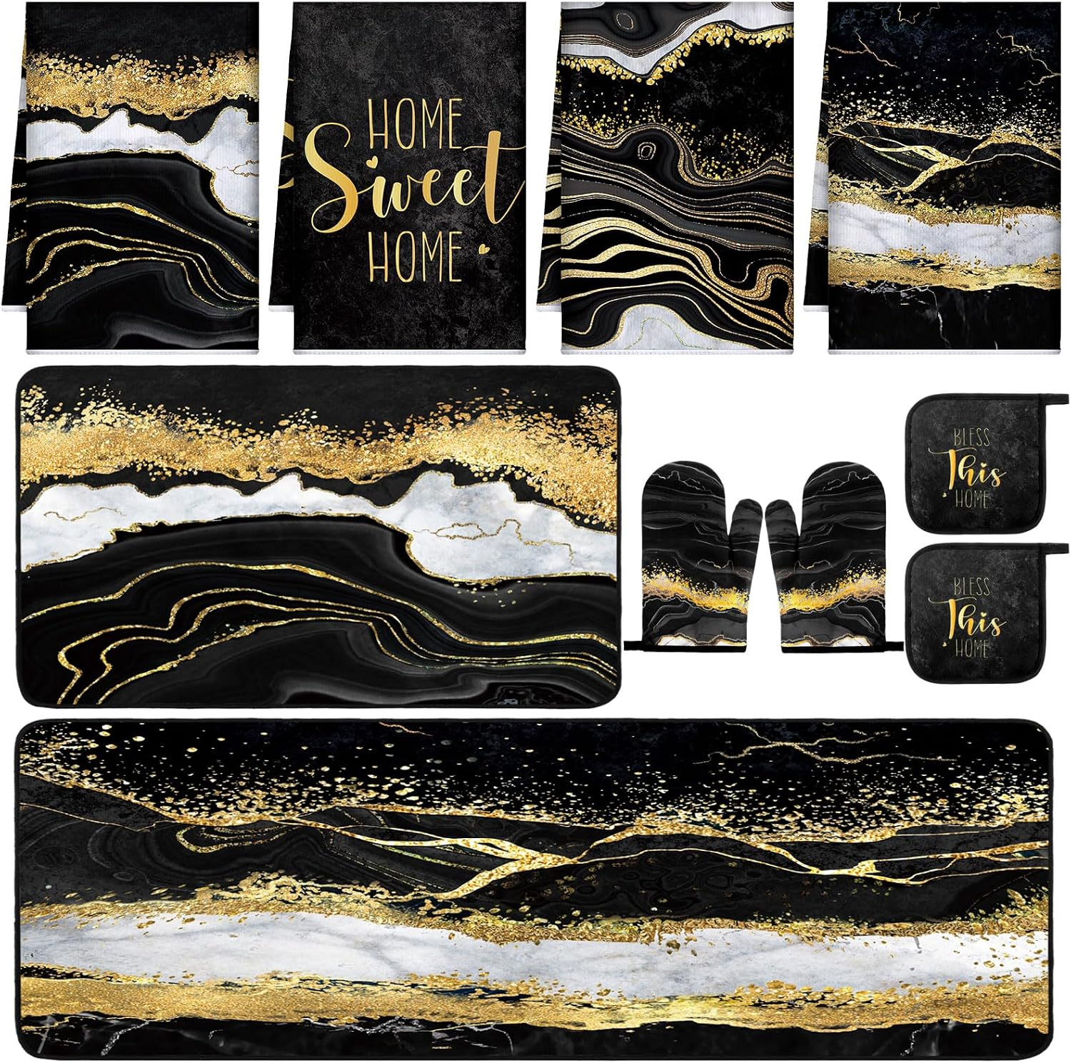 10 Pcs Black and Gold Marble Kitchen Decor Accessories Set