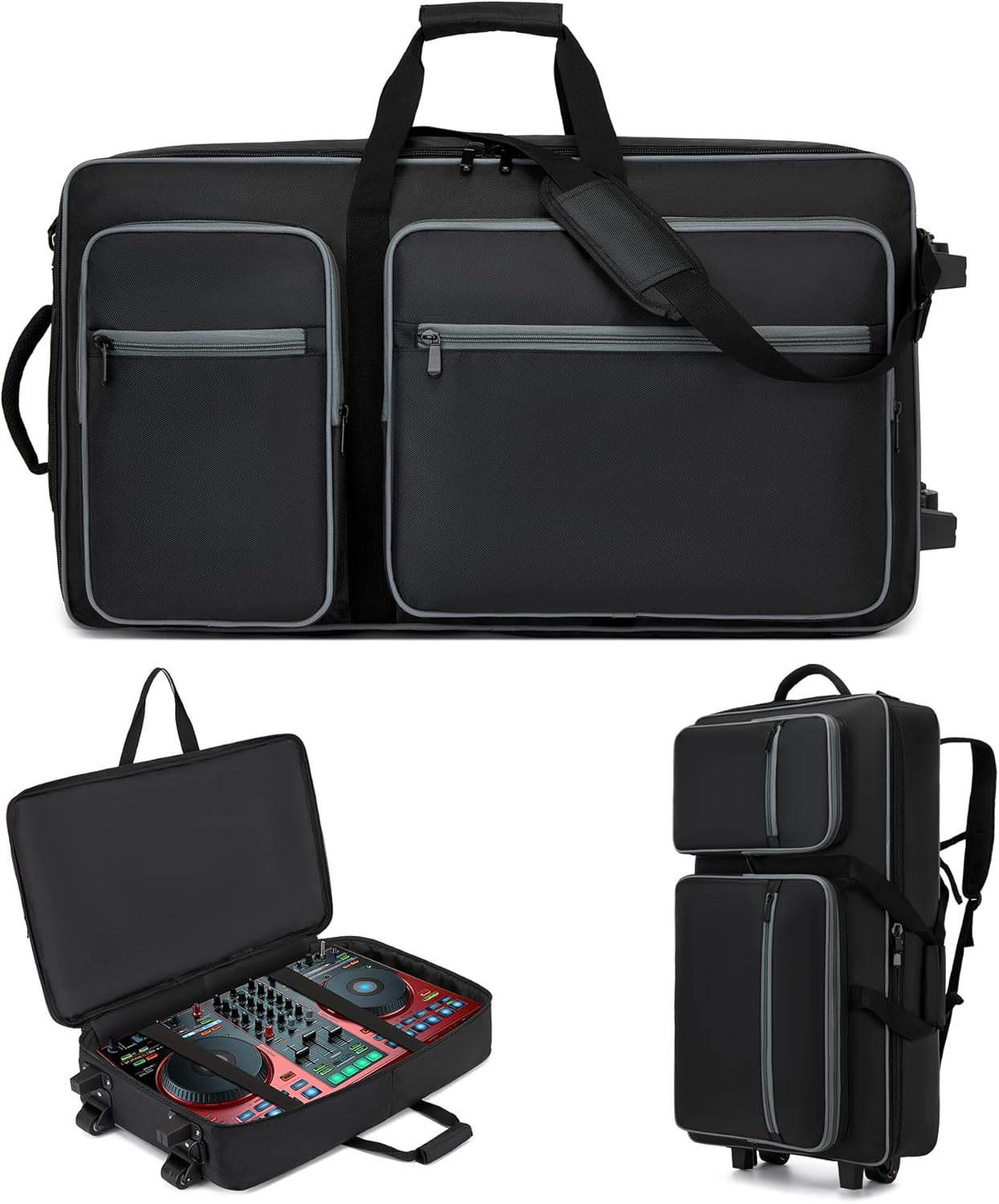 DJ Case with Wheels Compatible with DDJ FLX10/1000/1000SRT/REV7/REV5/SCLIVE 4,DJ Controller Case for Pioneer DJ Equipment,Dj Controller Bag with Multi-Pocket for DJ Accessories,Soft DJ Backpack