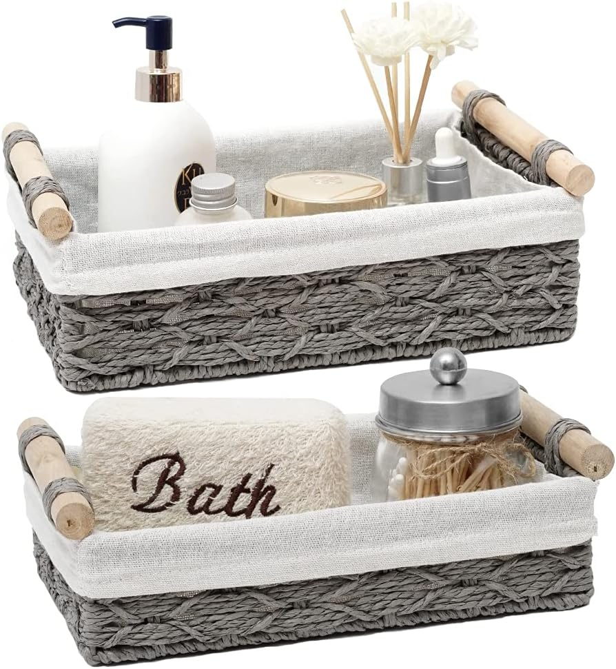 Storage Basket Wicker Basket Bin for Organizing with Handle Countertop 2Set Grey