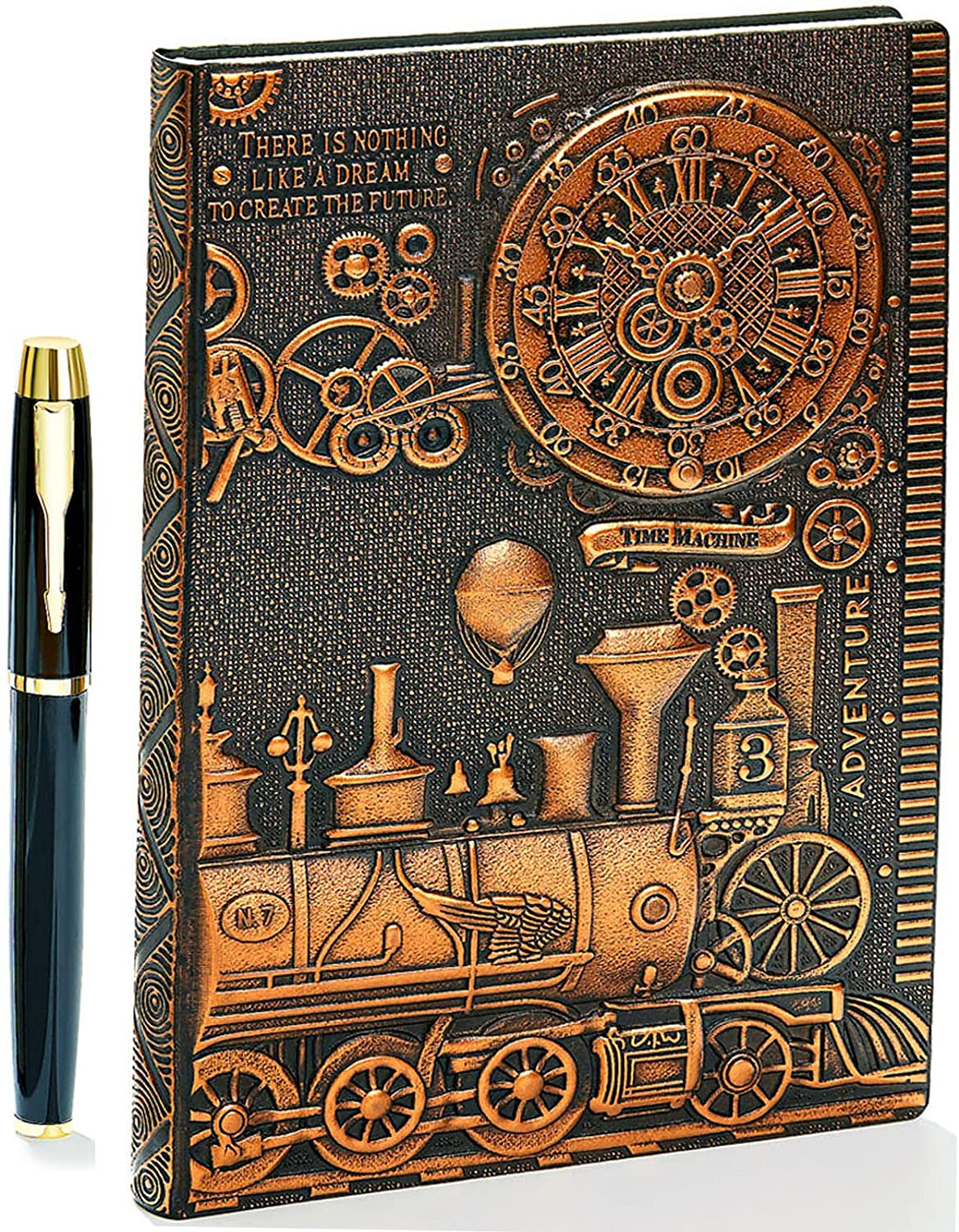Vintage 3D Embossed Leather Journal A5 – 200pg Diary & Pen Gift Set (Train)