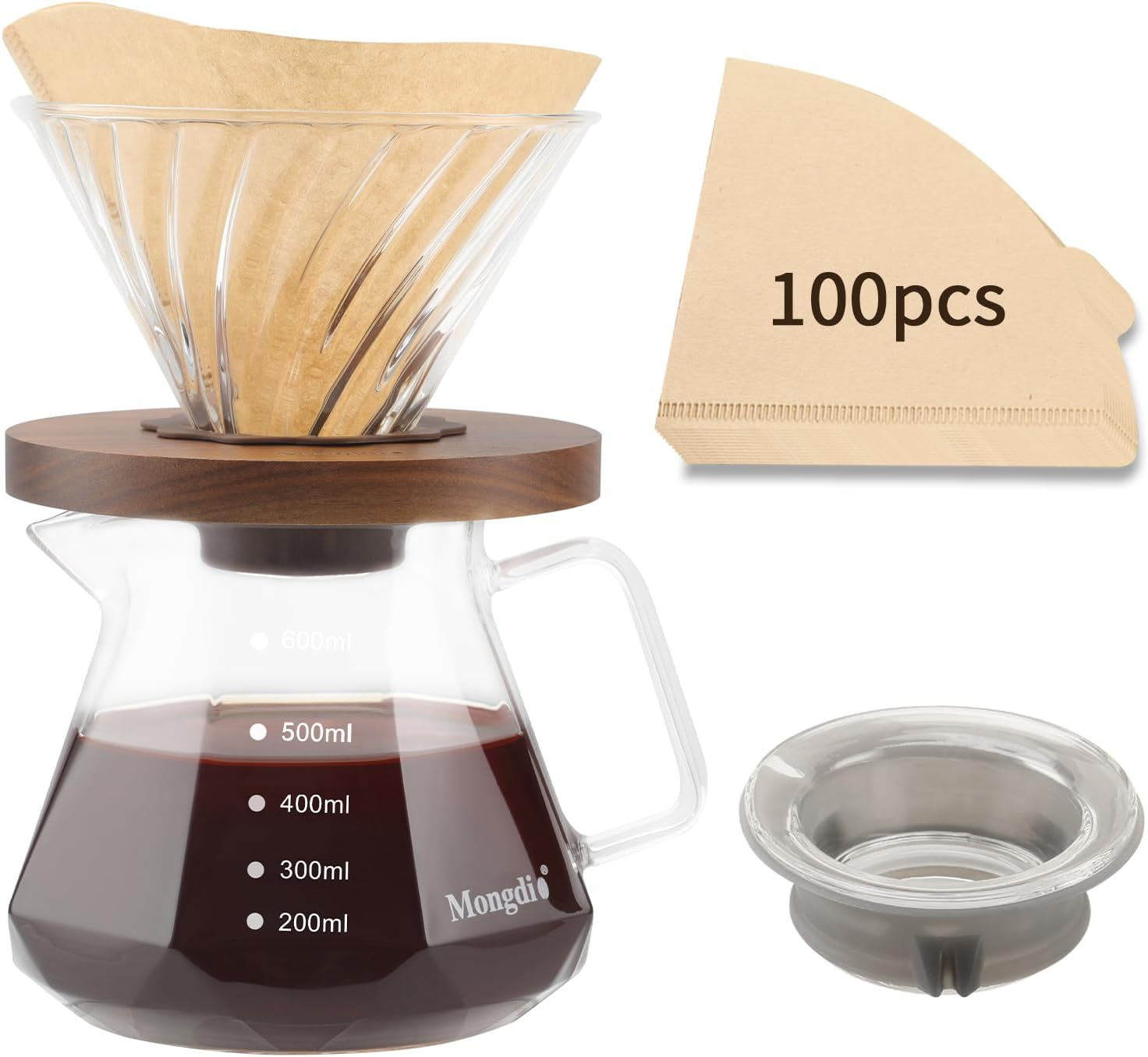 Cafetera de goteo V60 de 20 oz, vidrio borosilicato, incluye 100 filtros.