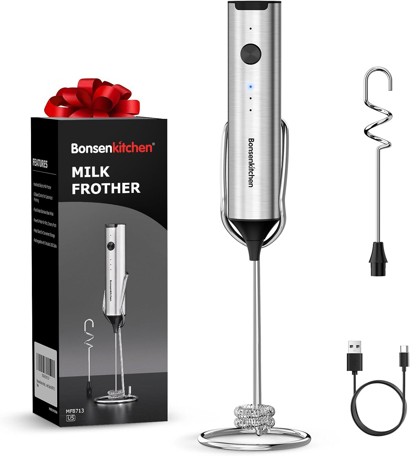 Rechargeable Milk Frother with Stand, 3-Speed Handheld Coffee Frother, Dual Spring Whisk Electric Hand Frother Wand Drink Mixer for Lattes Cappuccino Protein, Kitchen Gifts