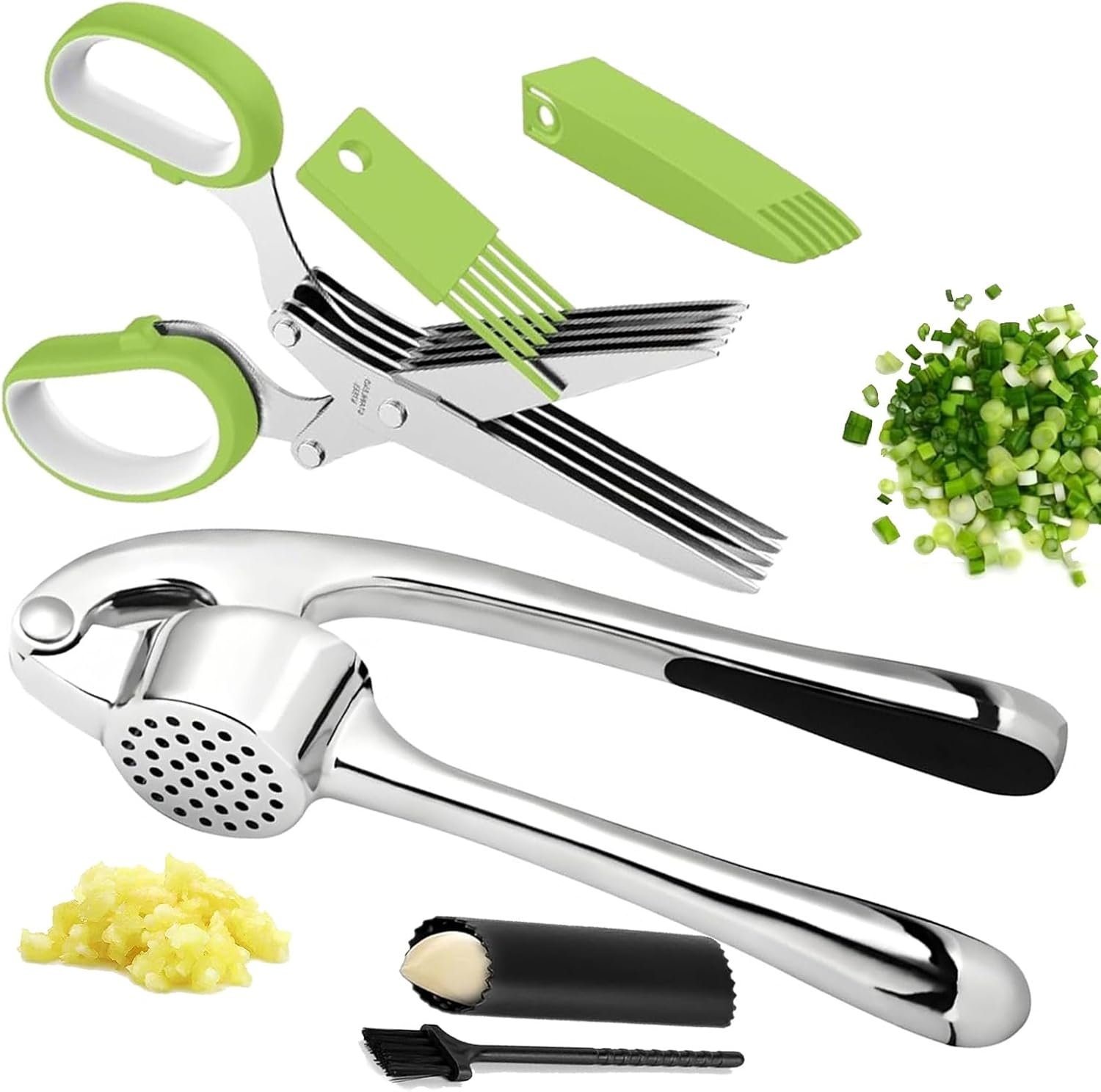Set 6 Pzs Prensa Ajo y Tijeras Hierbas Acero Inoxidable Herramientas Cocina