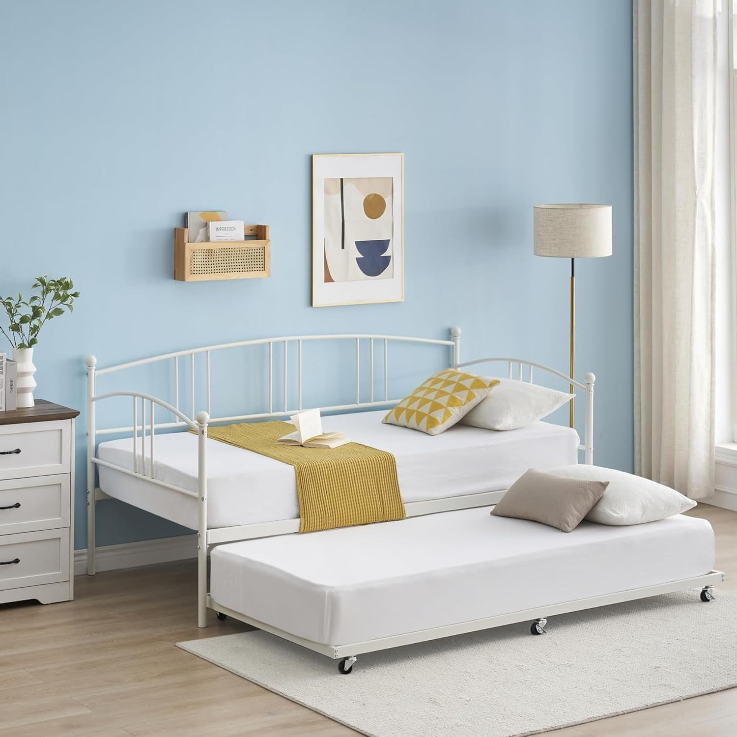 Twin Metal Daybed with Trundle, Pullout Trundle Bed Frame with Arched Headboard, Guest Sofa Bed with Steel Slat Support, No Box Spring Required, Easy Assembly, White