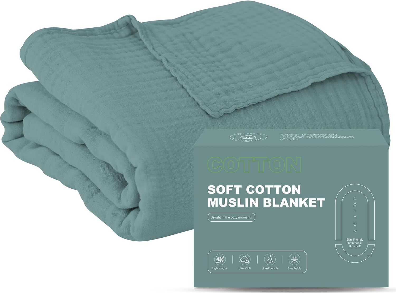 4 Layer Muslin Bed Blanket - Breathable and Lightweight Gauze Boho Blanket for Spring, Soft 100% Cotton Muslin Blanket, Green, 55X80 Inches