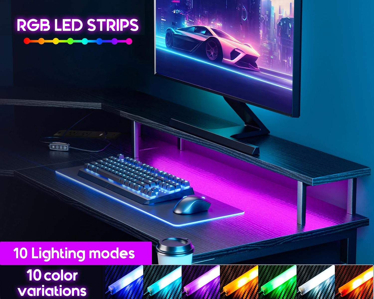 ODK Gaming Desk L Shaped with 10 Colour Lights&Power Outlet, L Shaped Desk Co... - Picture 6 of 14