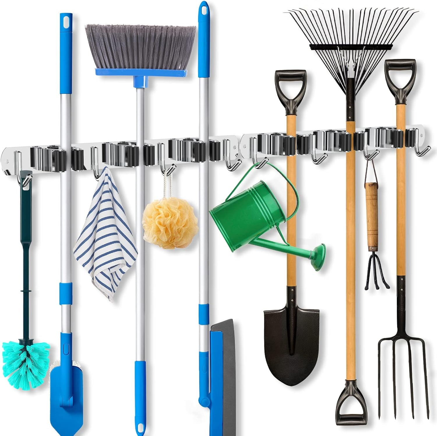 2 Pack Mop Broom Holder Wall Mount, Broom Organizer Mop and Broom Storage Tool Racks Stainless Steel Self Adhesive Wall Hanger for Home Kitchen Garden Laundry Garage (3 Racks 4 Hooks)