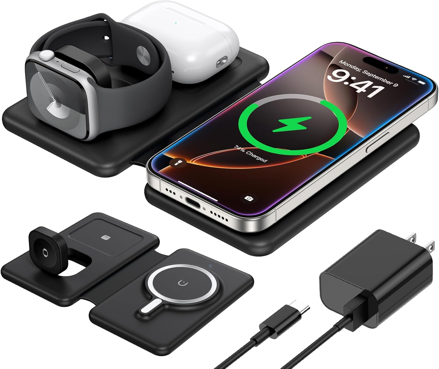 3 in 1 Charging Station for Apple,Travel Charger for Multiple Devices for Iphone,Foldable Magnetic Charger for Iphone 16 15 14 13 12 Pro Max&Airpods 4/3/Pro/Pro 2&Apple Watch(Black)