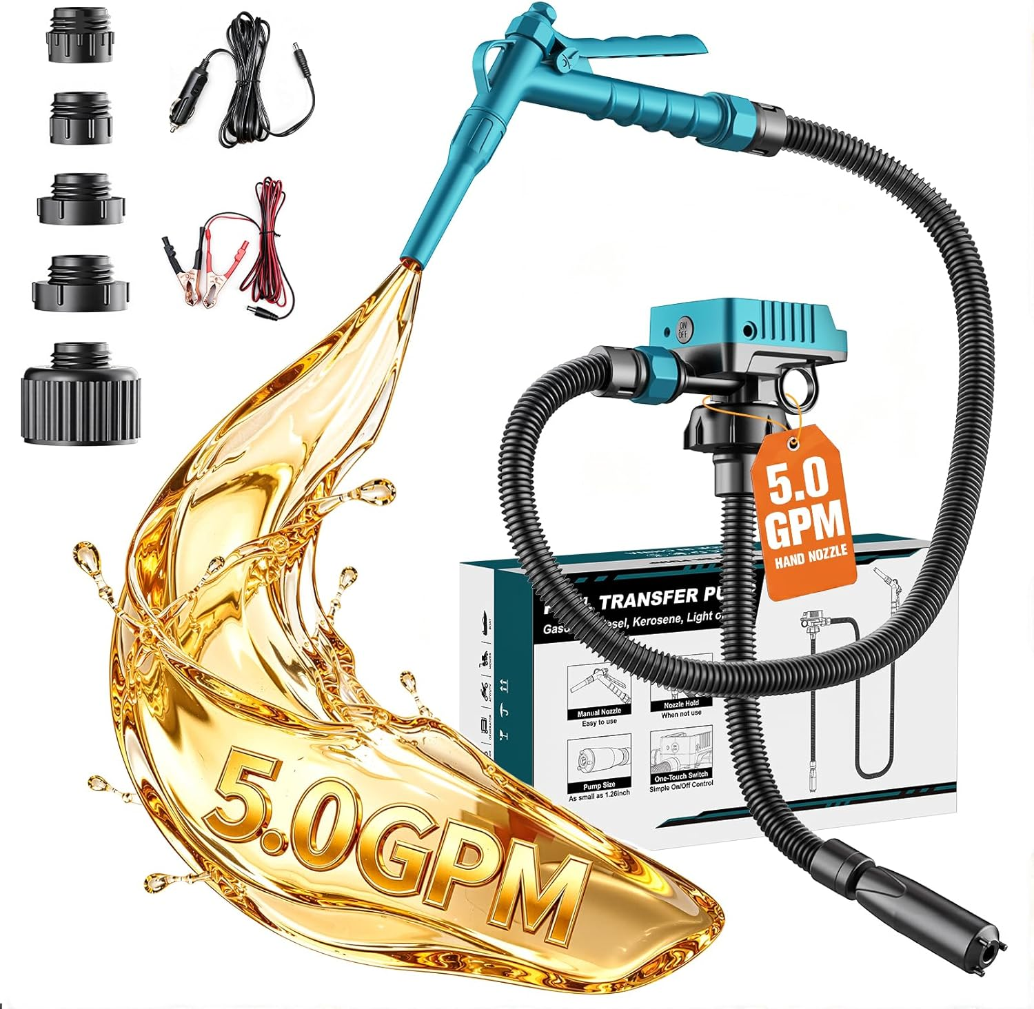 5 GPM Cordless Fuel Transfer Pump Compatible with Makita 18V Batteries, Portable Gas Can Pump with 51" Hose, 5 Adapters, Gas Pump for Diesel, Gasoline (Bare Tool)