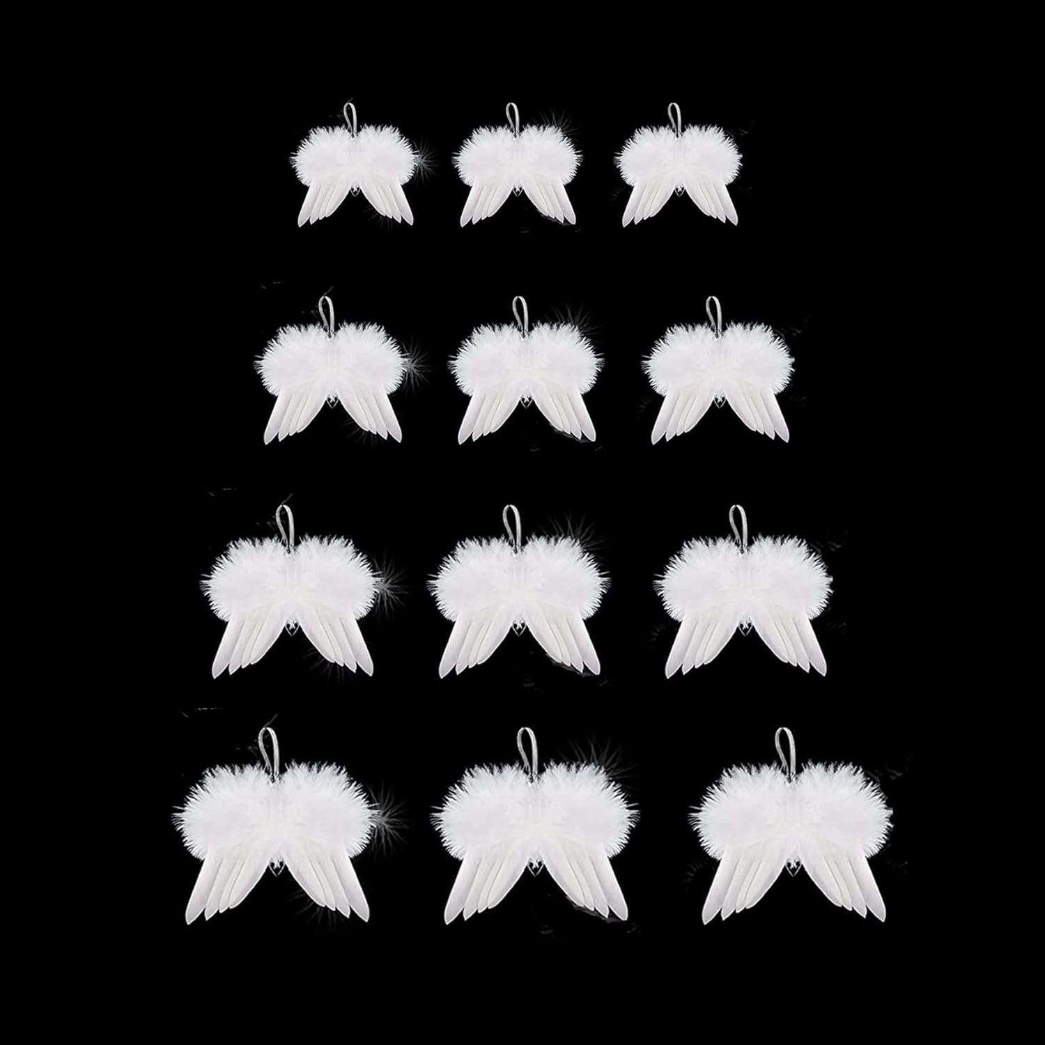 12Pcs Angel Feather Wings Ornament, Christmas Tree White Feather Hanging Décor Handmade Angel Wings Pendant for Xmas DIY Craft Home Wedding Prop Party Decoration
