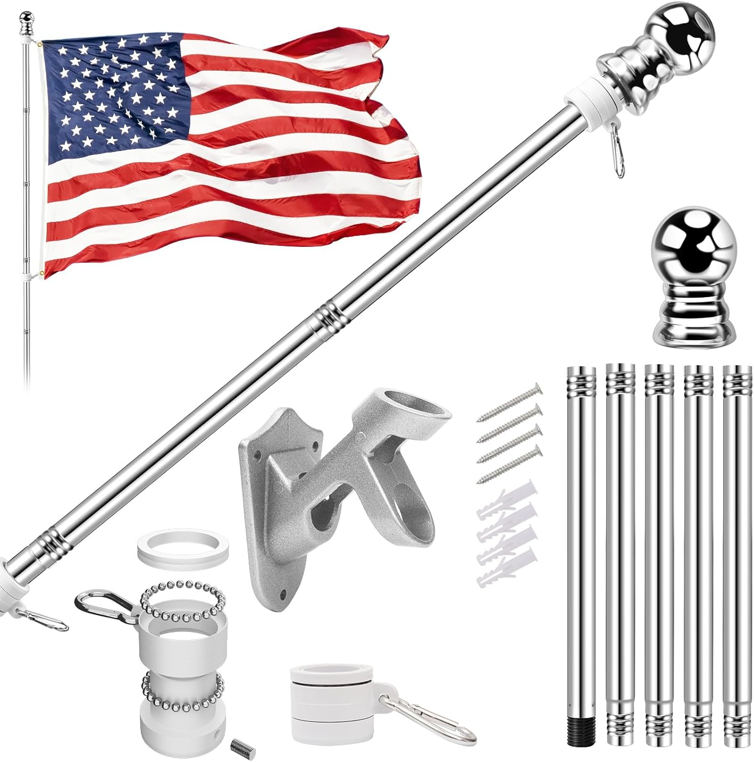 5FT Flag Pole Kit: 3X5 American Flag W/ Heavy Duty Multi Position Bracket Set
