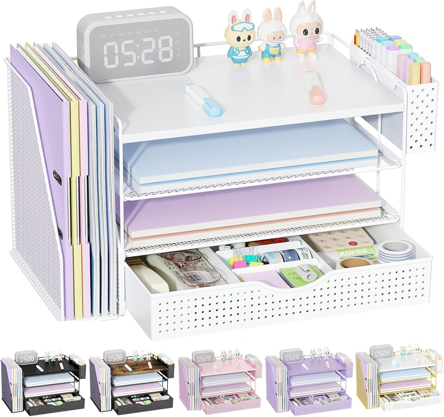 Wood Desk Organizers and Accessories with File Holder, 4-Tier Desk Accessories & Workspace Organizers with Drawer and Pen Holder, Paper Organizer for Office Supplies (White)