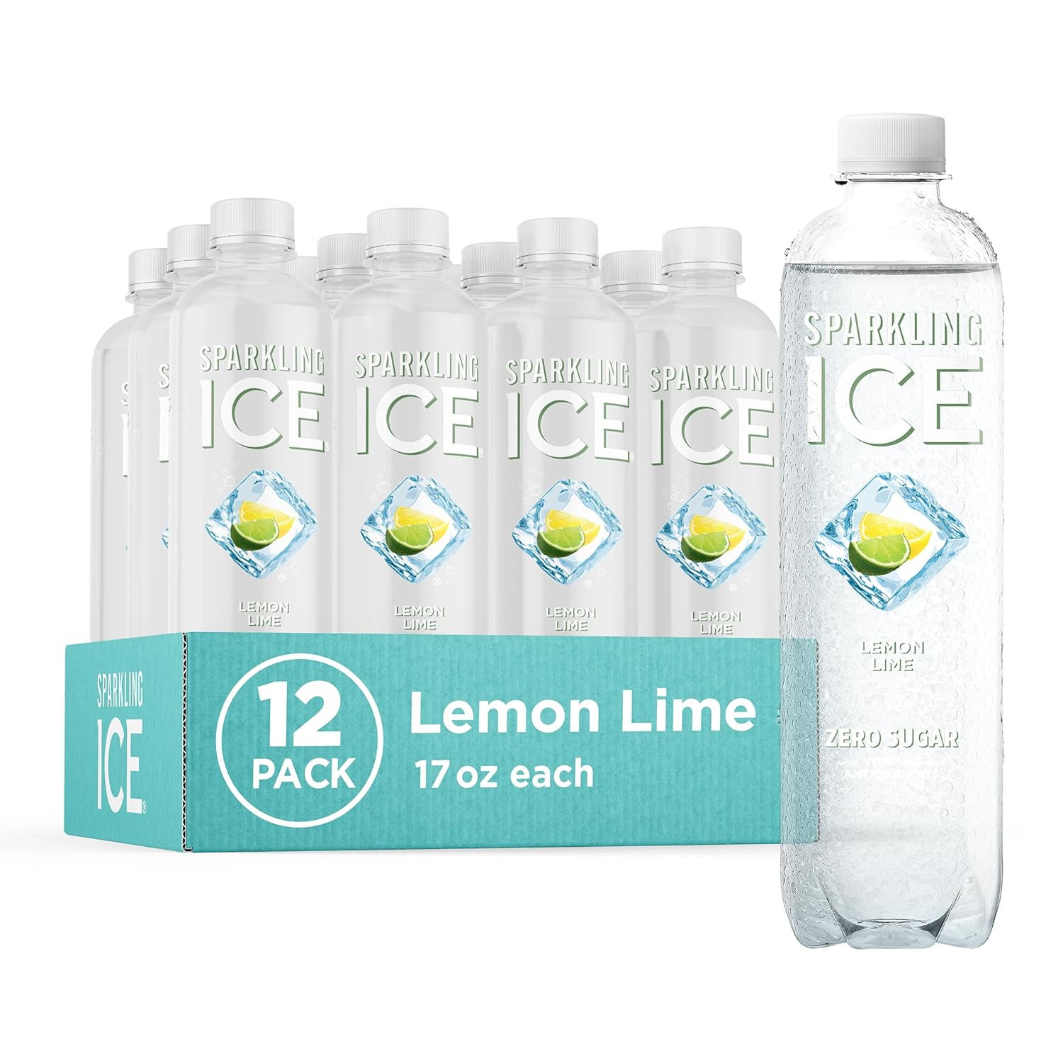 , Lemon Lime Sparkling Water, Zero Sugar Flavored Water, with Vitamins and Antioxidants, Low Calorie Beverage, 17 Fl Oz (Pack of 12)