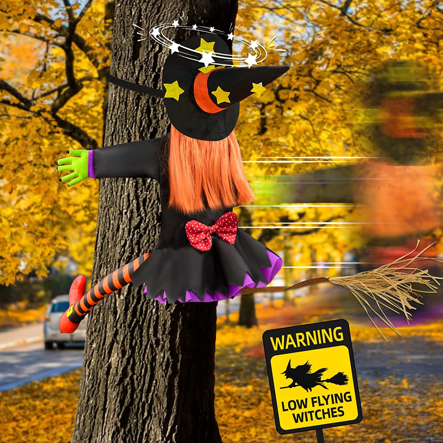 44” Crashing Witch Outdoor Decor, Hanging Into Tree for Yard Garden Porch Accent