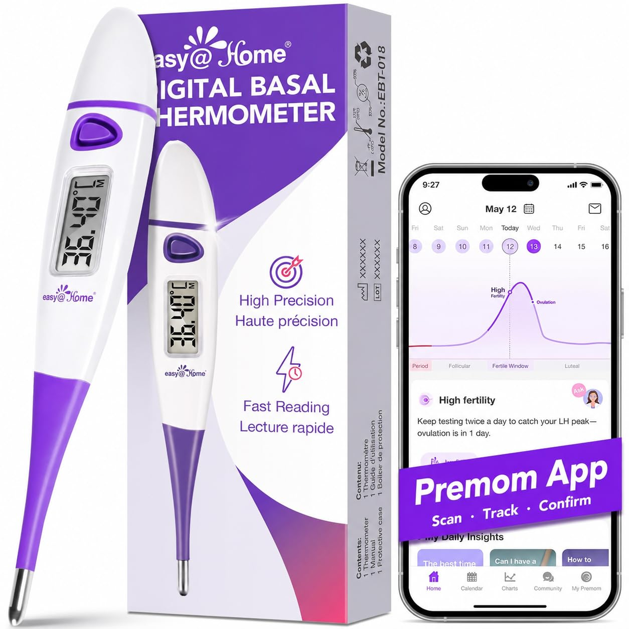 Ovulation Tracker Digital Basal Thermometer: Easy@Home BBT Thermometer for Fertility Tracking - Basal Body Thermometer for Accurate Temperature Monitoring with Premom App Purple DMT-3018