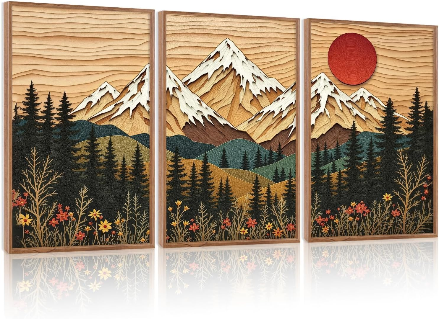 Vintage Woodcut Mountain Framed Canvas Wall Art,Forest Pine Tree Boho Wall Decor,Wilderness Sunset Landscape Artwork for Living Room,Bedroom,Dining Room,Office -24