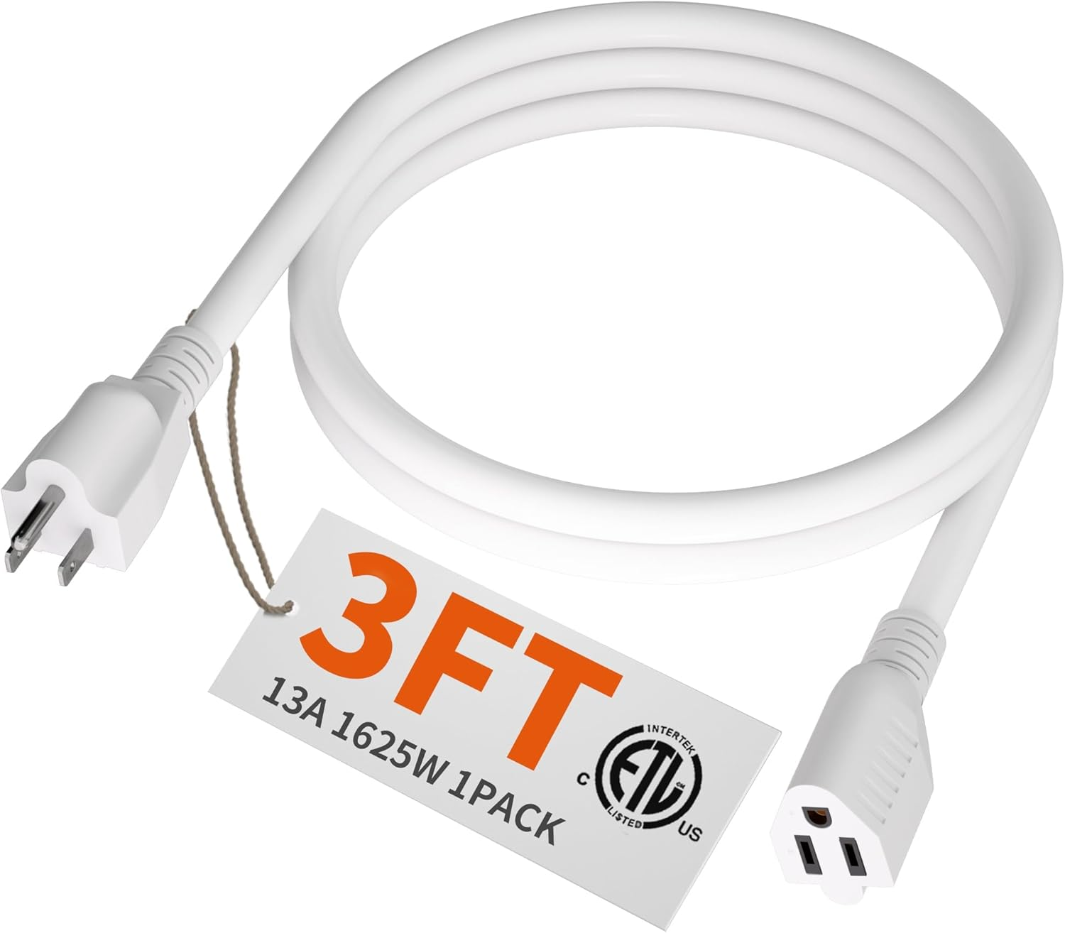 13A 1625W 125V 16AWG 3 FT 16 Gauge White Indoor Outdoor Extension Cord Waterproof, Flexible Cold Weather 3 Prong Electric Cord Outside,Sjtw, ETL Listed