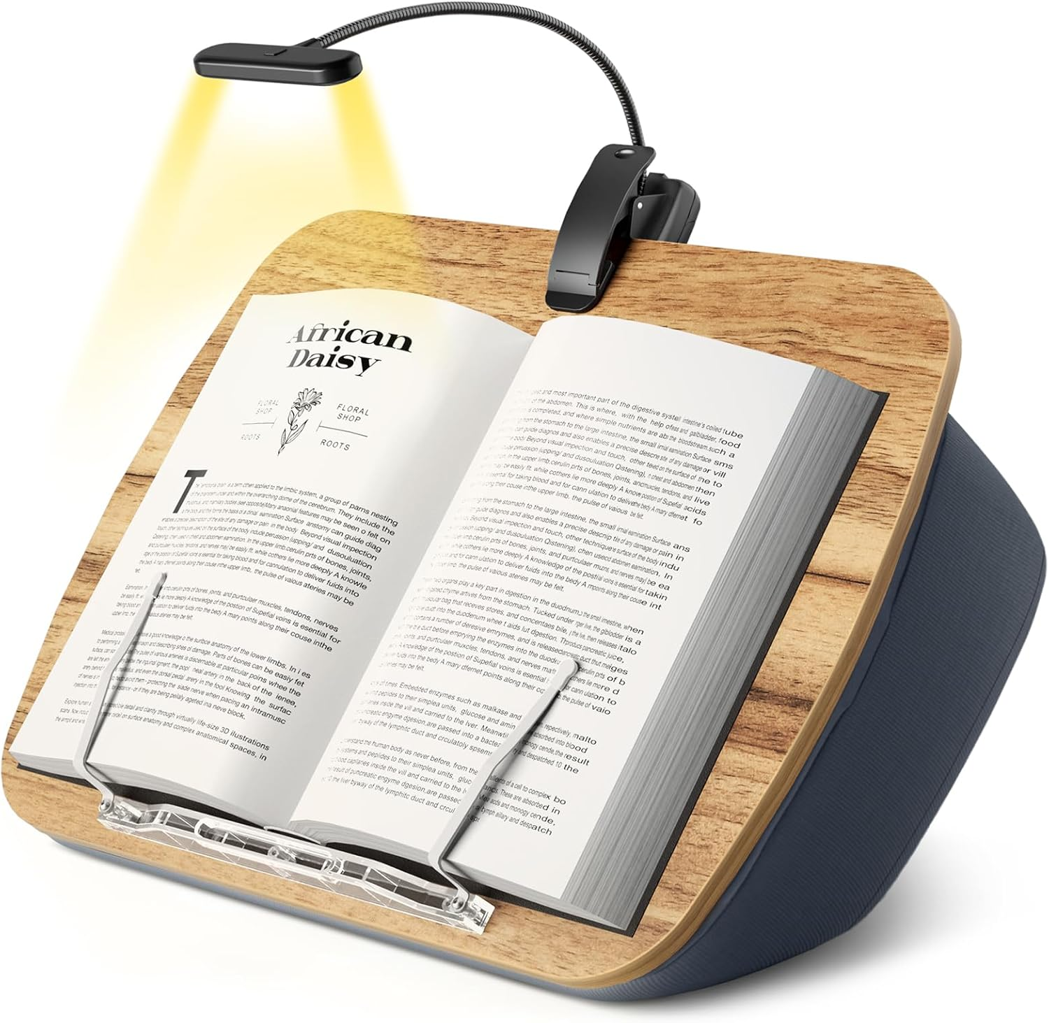 Reading Book Pillow Stand with 3-Color Adjustable Light, Hands-Free Book Holder for Bed or Lap, Wooden Surface, AAA Batteries Required