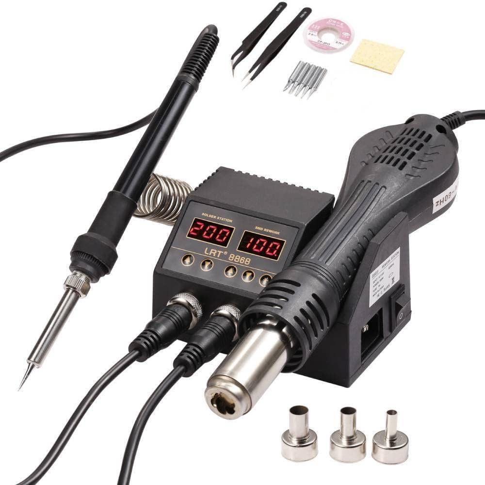 2-In-1 SMD Heat Gun & Soldering Station, LRT 8868 Micro Hot Air Rework Tool, 5 Soldering Tips, 3 Hot Air Nozzles, Tweezers, Solder Wick