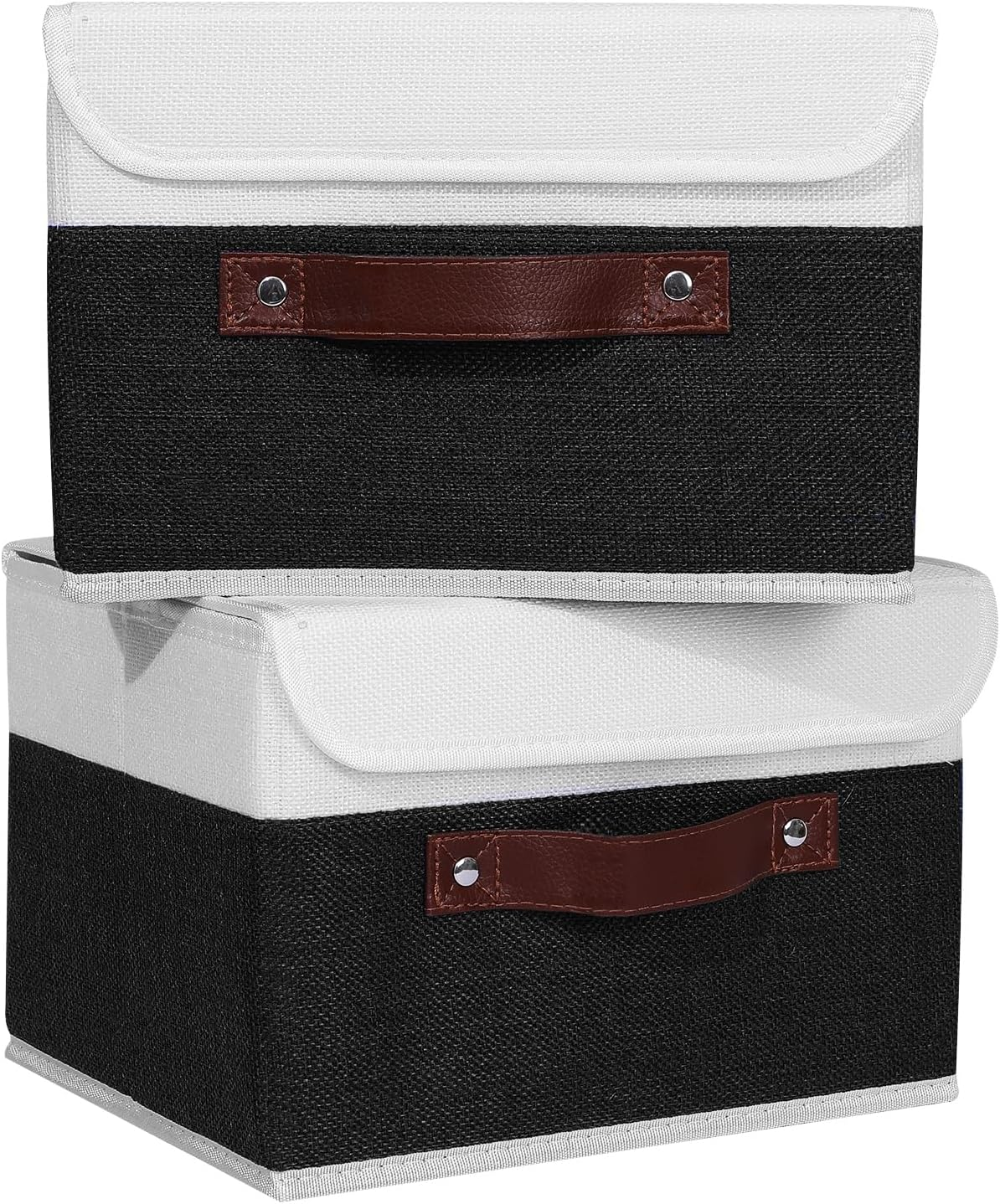 ANMINY 2PCS Storage Boxes with Lid Washable Decorative Storage Bins Basket with PU Leather Handle Foldable Linen Fabric Storage Cubes Containers for Home Closet Organizer - Black White, Small Size
