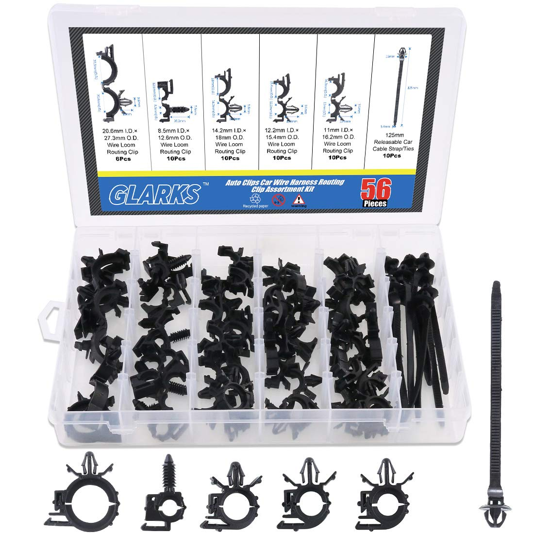 56-Pieces Auto Clips Car Wire Harness Routing Clip Assortment Kit for Honda GM Mazda, 6 Size from 3/8
