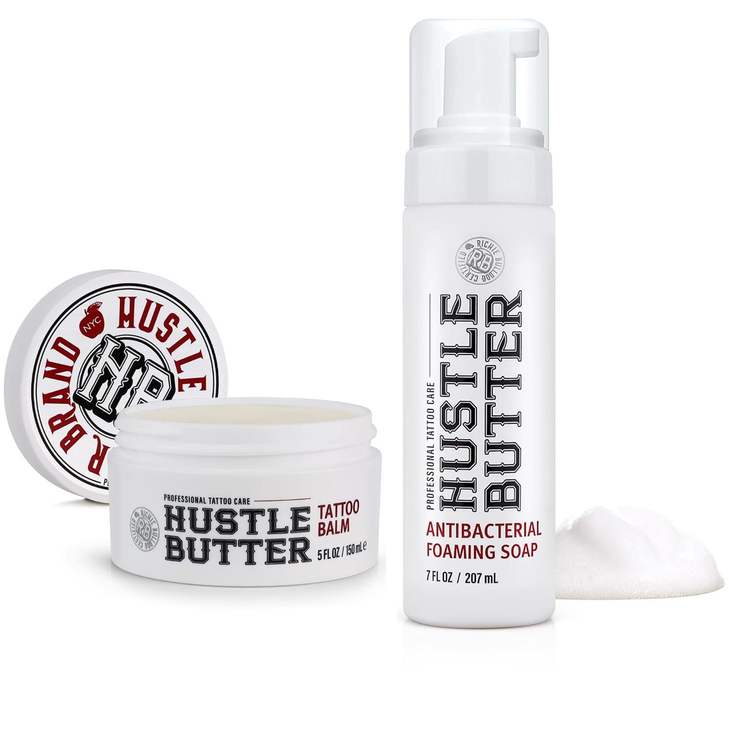 Hustle Butter Tattoo Soap & Aftercare Balm - Antibacterial Soap, Safe to Use While Healing, Vegan, No Petroleum - 5 Ounce Balm & 7 Ounce Tattoo Wash Kit