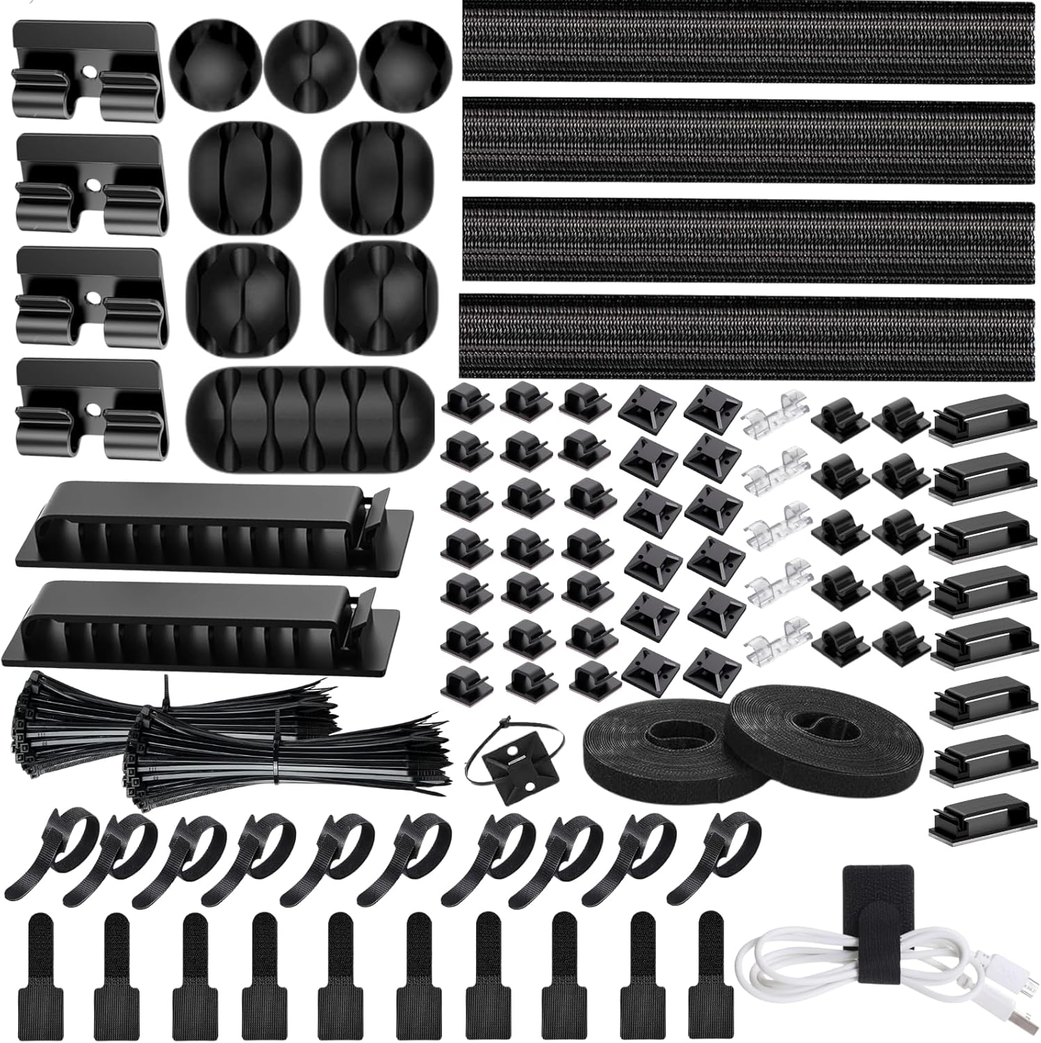 [313Pcs] Cable Management Kit, 67 Adhesive Cable Clips, Desk Cord Organizer, 22 Reusable Cable Strap, 4 Cable Sleeve Split, 200 Nylon Cable Zip Ties with 20 Mounts for TV Office Home, Black