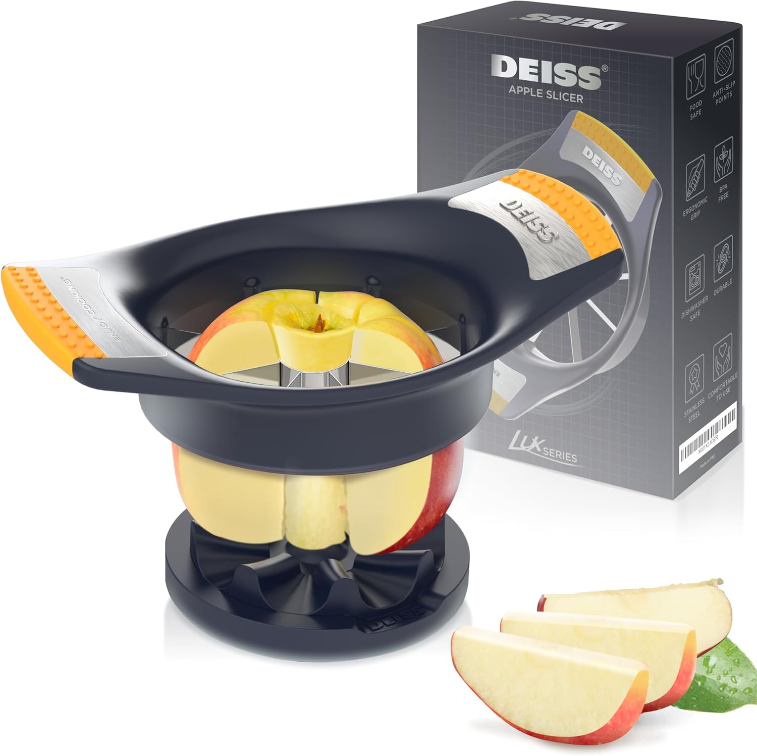 Deiss LUX 4.25 Inch Apple Slicer and Corer with Cutting Base, Stainless Steel 