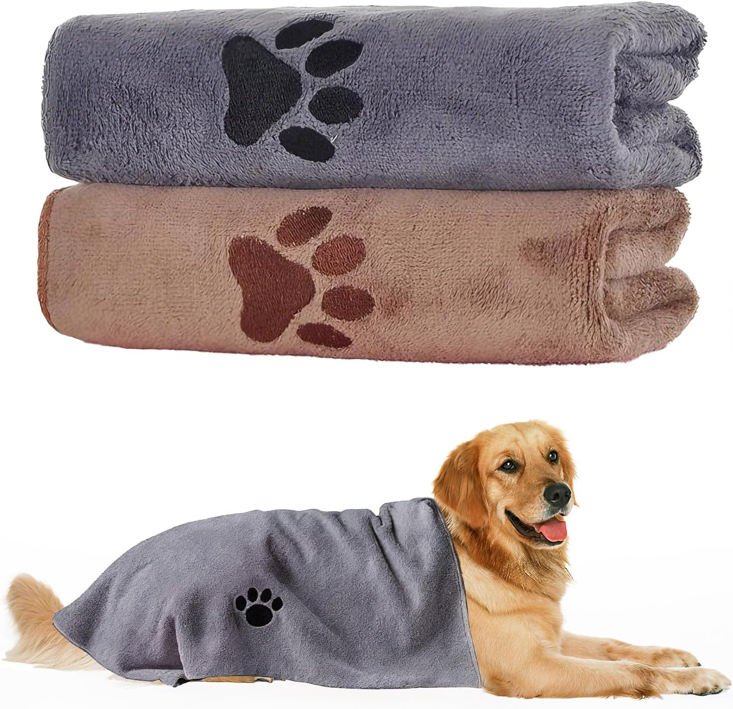 2PCS Dog Towels, 75X35Cm Soft Microfibre Dog Towel Absorbent and Quick-Drying Pet Bath Towel for All Breeds Dogs Cats Thicker Drying Towel Cozy Puppy Blanket for Bath Rain Travel Swimming