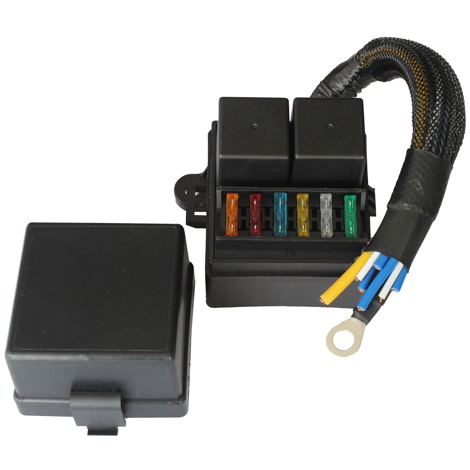 Pre-Wired Fuse Relay Box, 2 4-Pin 80A Relay Slots and 6 ATC/ATO Fuse Holder, Universal Waterproof Relay Fuse Block for Automotive Car Truck Boat Marine RV, with 2 Relays and 6 Fuses