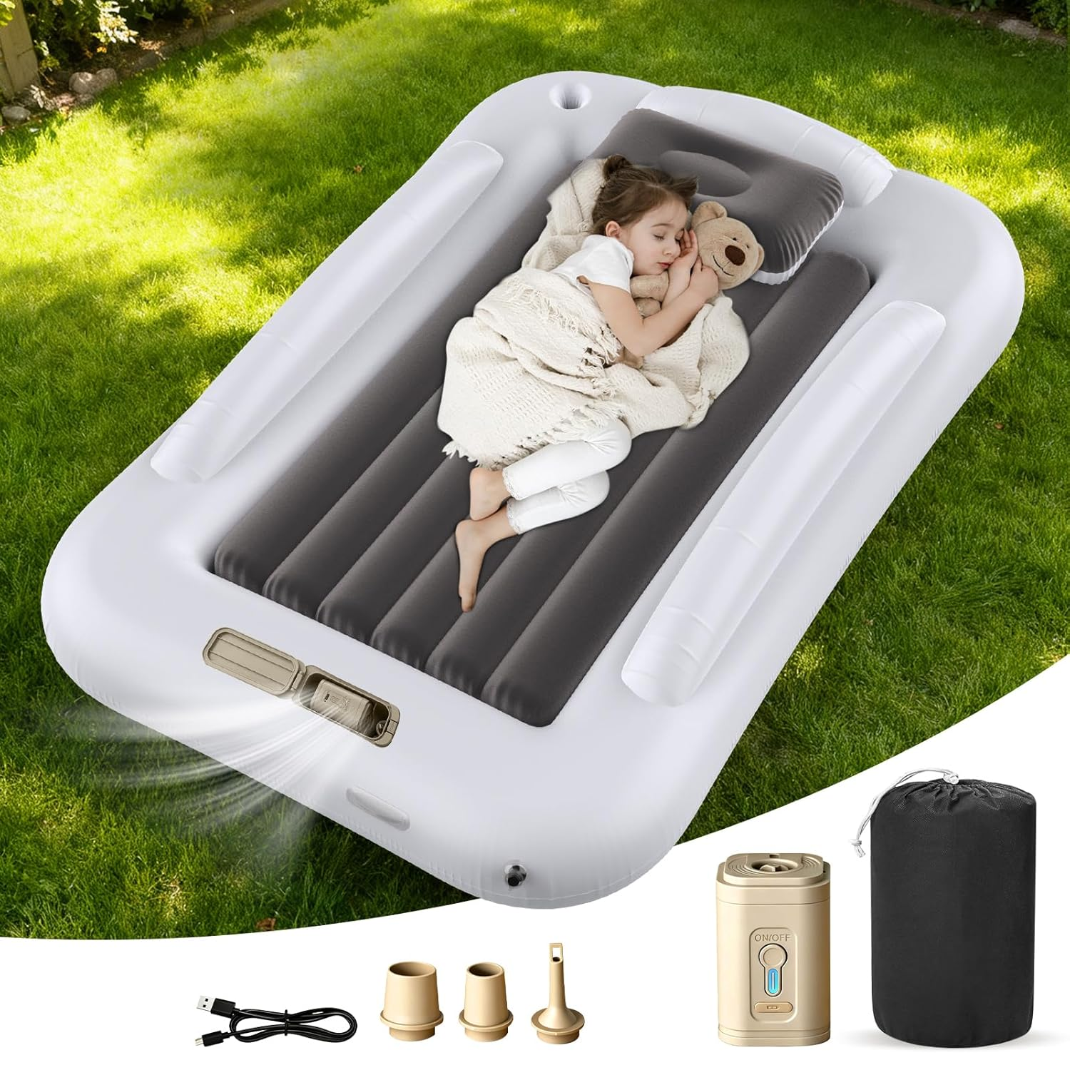 Inflatable Toddler Travel Bed - Toddler Blow up Bed with Built in Pump - Kids Air Mattress Set with Safety Sides - Portable Ideal for Vacation Camping and Sleepover (60 Inches)