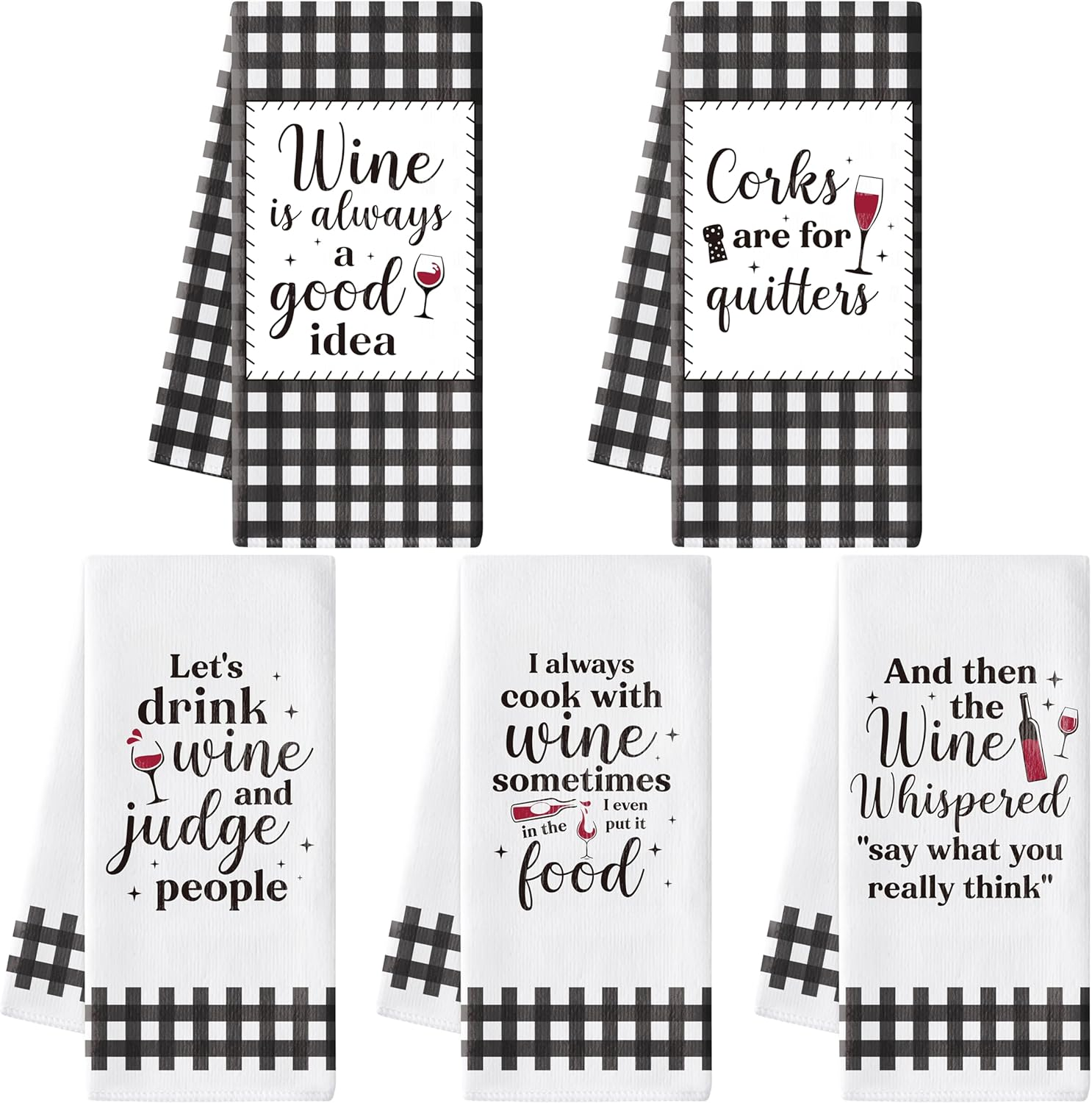 Funny Kitchen Dish Towels - 5Pcs Funny Wine Kitchen Hand Towels, Cute Absorbent Cleaning Dishcloth Bathroom Home Decor for Wine Lovers Girls Women Hostess Housewarming Gifts