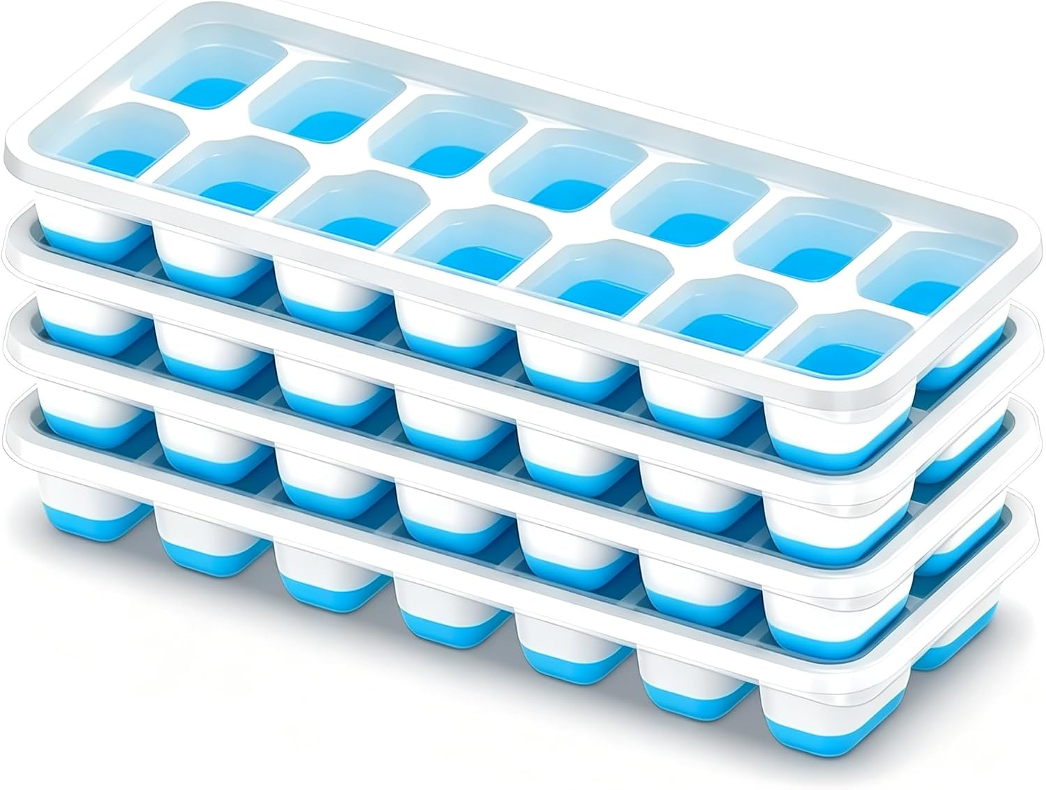 Ice Cube Tray with Lid, 4 Pack, 56 Cubes, Stackable, Silicone and Plastic, Easy-Release, for Cocktail, Coffee and Home Use
