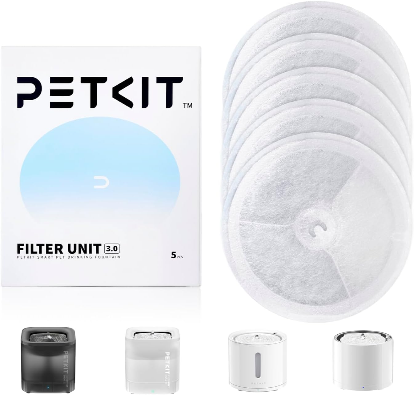PETKIT Upgraded Filter Units 3.0 for PETKIT Pet Water Fountains EVERSWEET 2S/3/3 Pro, EVERSWEET Solo/Solo SE Replacement Filters (5Pcs)