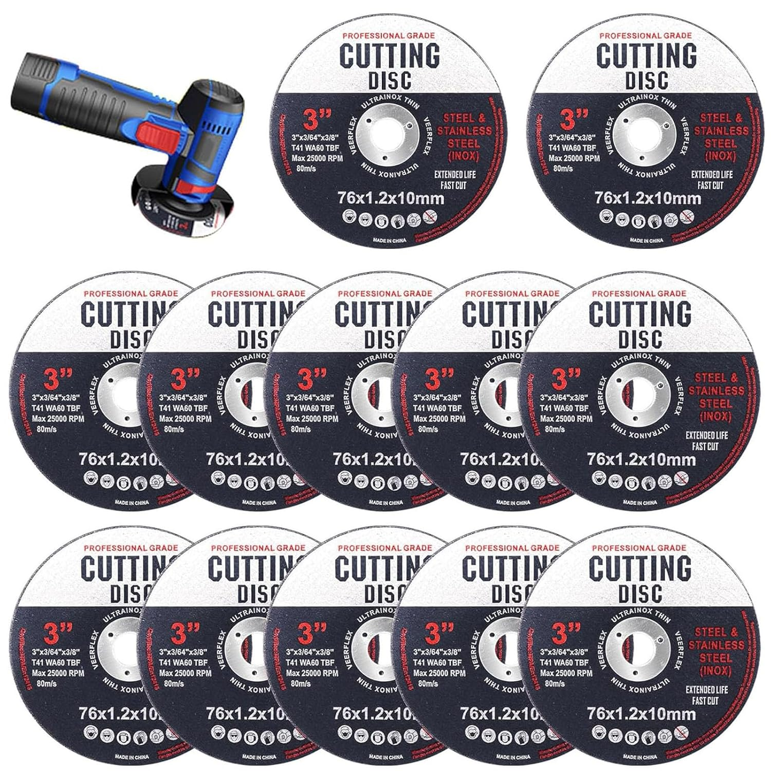 76Mm Cutting Disc, 12 Pcs Angle Grinder Discs for Metal, Grinding Discs, Cutting Discs for Angle Grinder, 76Mm Grinder Blades, Durable and Precise for Metal Cutting
