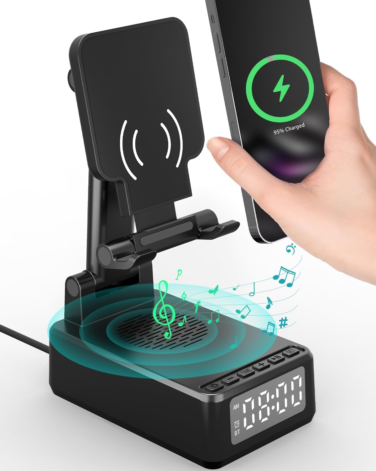 Gifts for Men Cell Phone Stand with Wireless Bluetooth Speaker and Wireless Charger, Phone Charger Stand with Digital Alarm Clock for Iphone, Birthday Gifts for Men,Boyfriend,Dad,Women,Christmas