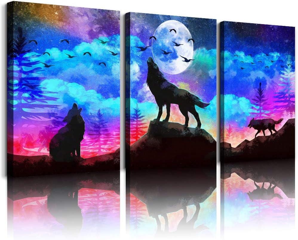 Modern Framed Canvas Wall Art - Blue Starry Sky Wolf Landscape Prints, 3-Piece Set for Living Room, Bedroom, and Office Decor
