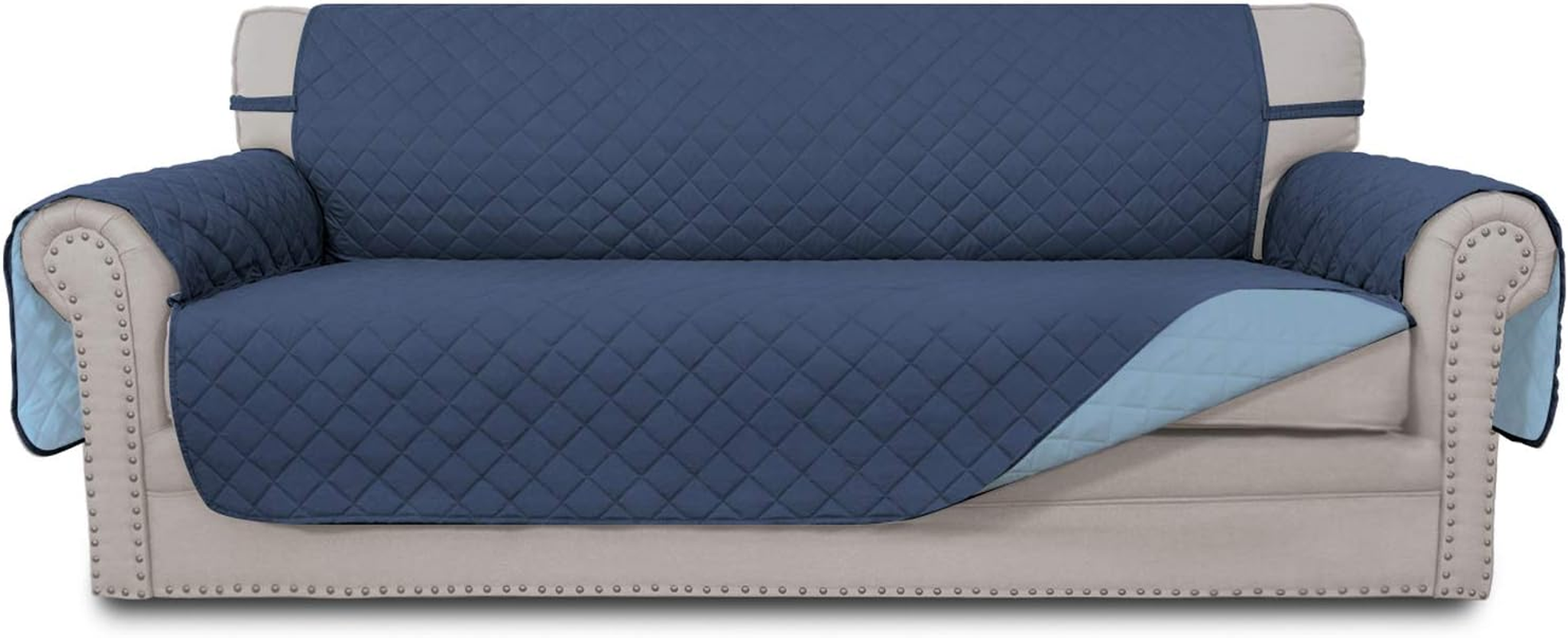Reversible Couch Cover for 3 Cushion Couch Sofa Cover for Dogs Water Resistant Furniture Protector Cover with Foam Sticks Elastic Straps for Pet Cat (Sofa, Dark Blue/Light Blue)