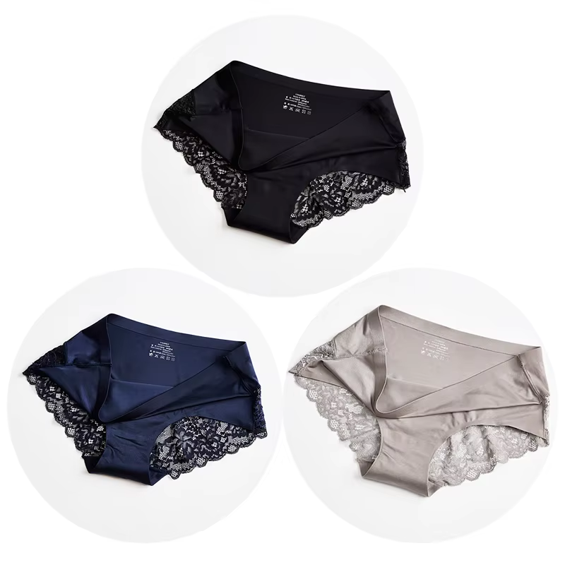 3Pcs/Set Women'S Panties Exquisite Lace Underwear Sexy Lingerie Big Size Sweet Silk Satin Briefs Soft Cozy Underpants