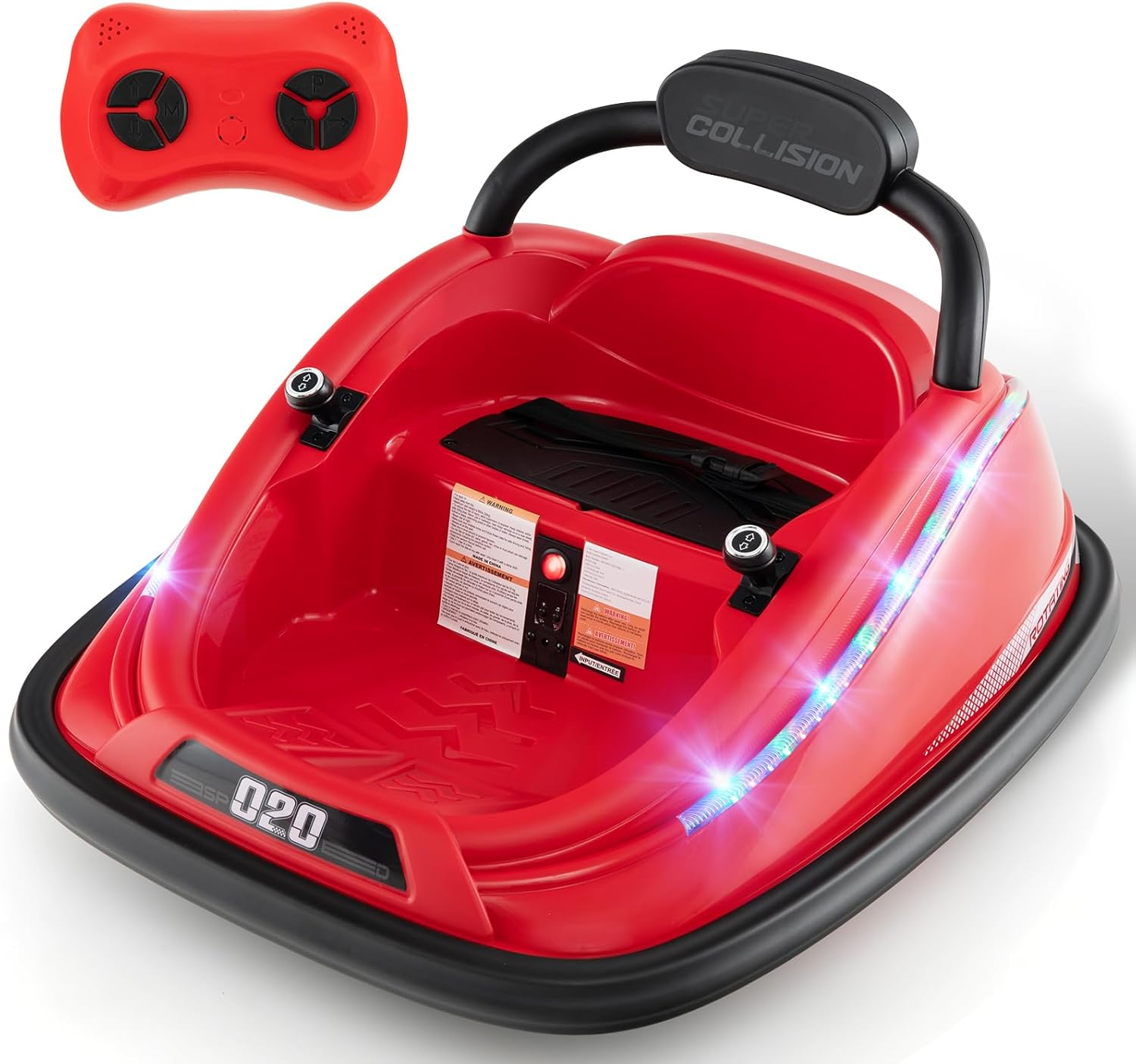 Bumper Car for Toddlers, 12V Kids Electric Ride on Toy with Remote Control, Battery Powered Vehicle Racer for Baby, 360 Degree Spin Rotation, Colorful Flashing LED Lights, Music (Red)