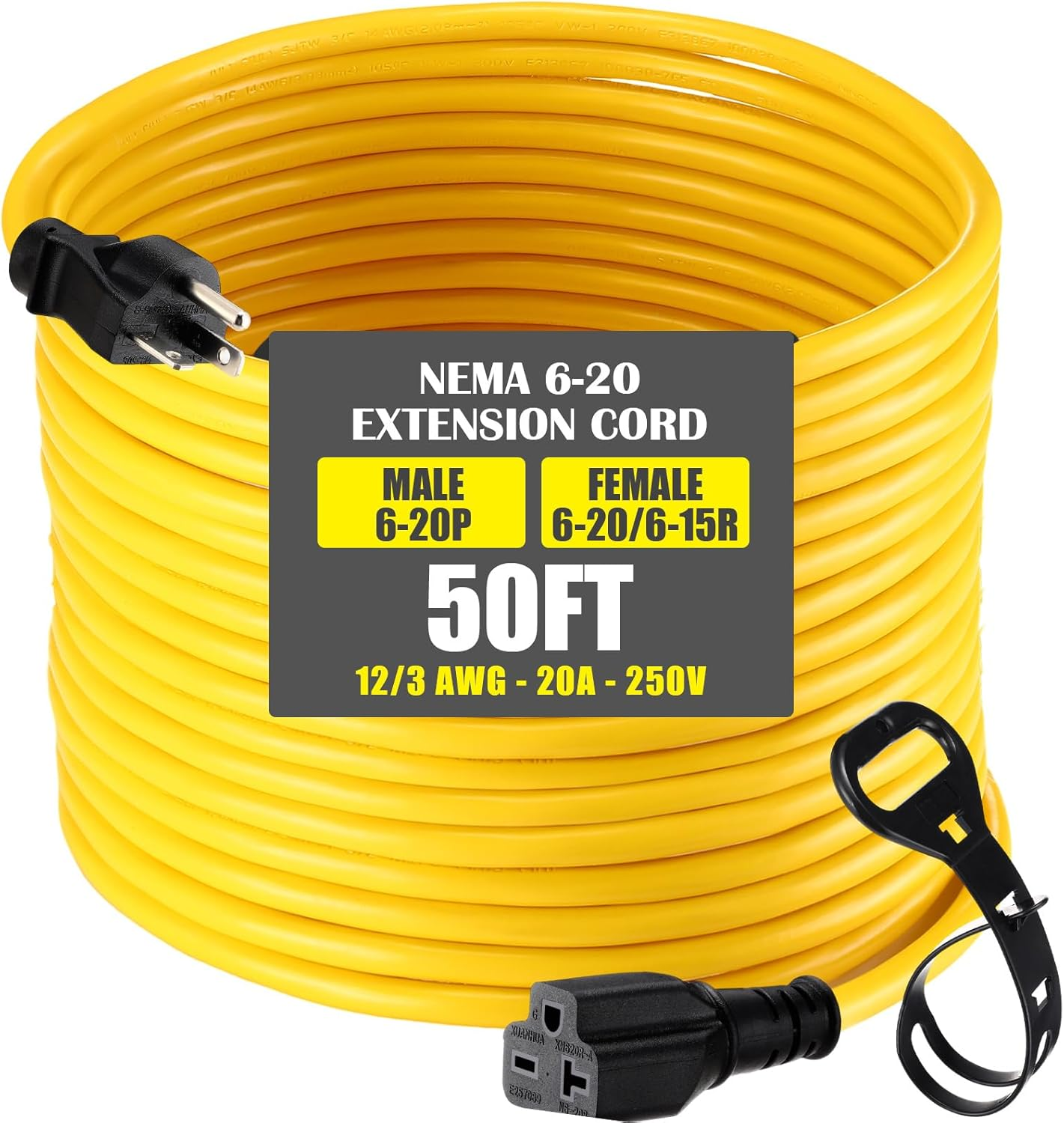 50 Ft Nema 6-20 Extension Cord, Nema 6-20P Male Plug to 6-20R/6-15R Female Receptacle, 20 Amp T-Blade Outlet Extension Power Cord with Waterproof Sockets, Heavy Duty 12/3 Awg, 250V, 5000W