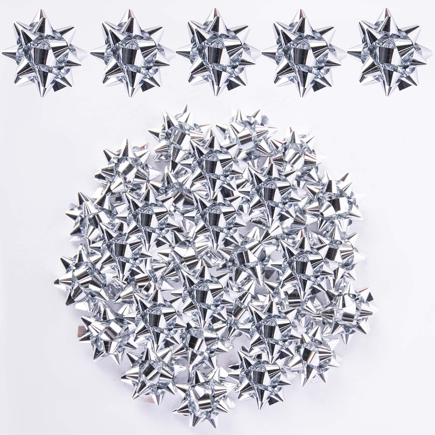 100 Pcs Mini Bows-1 Inch Silver Metallic Star Gift Bows-Tiny Adhesive Present Bows for Christmas Holiday Party Decoration DIY Gifts Wrapping